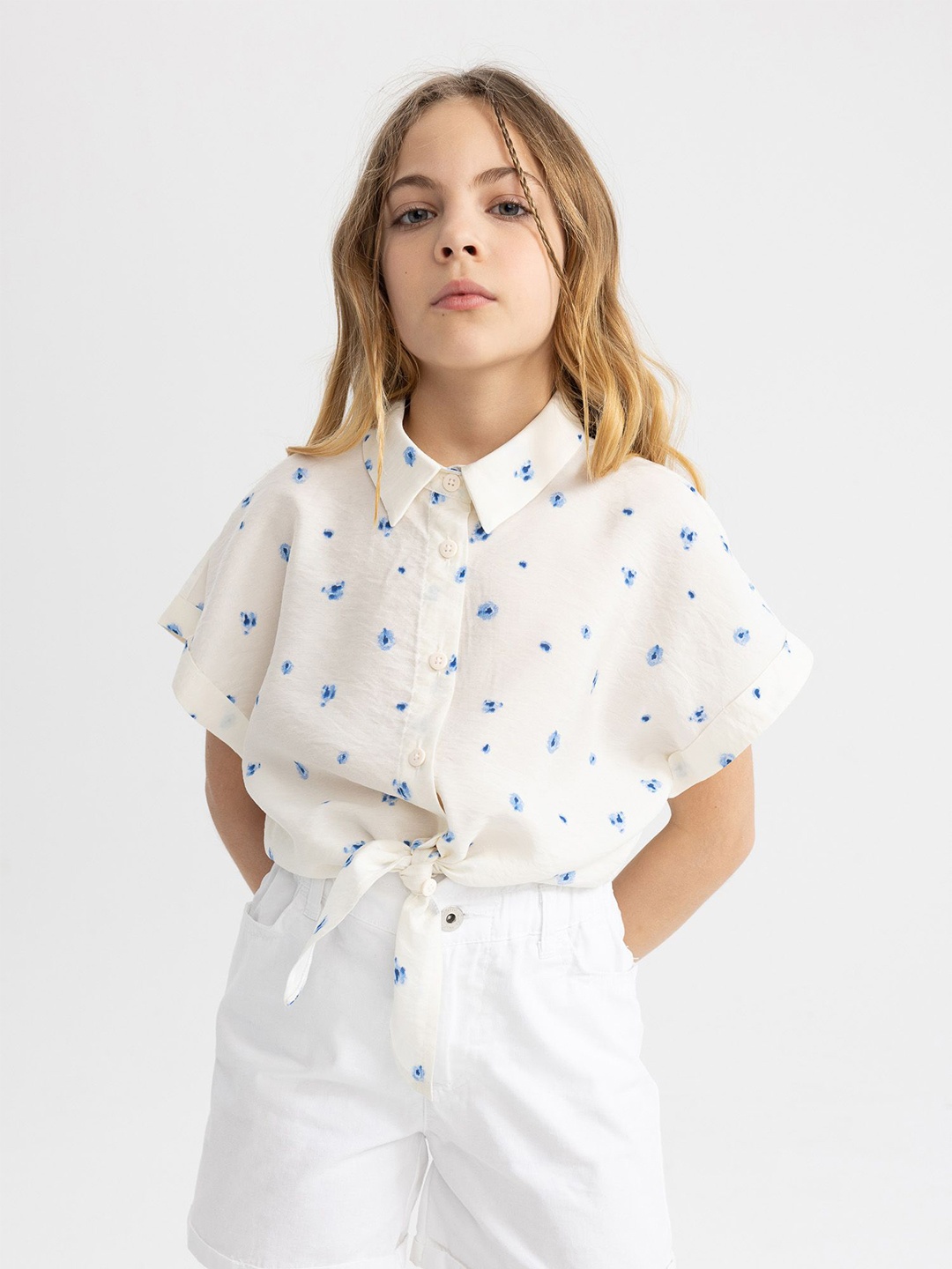 

DeFacto Girls Boxy Fit Spread Collar Floral Printed Casual Shirt, Off white