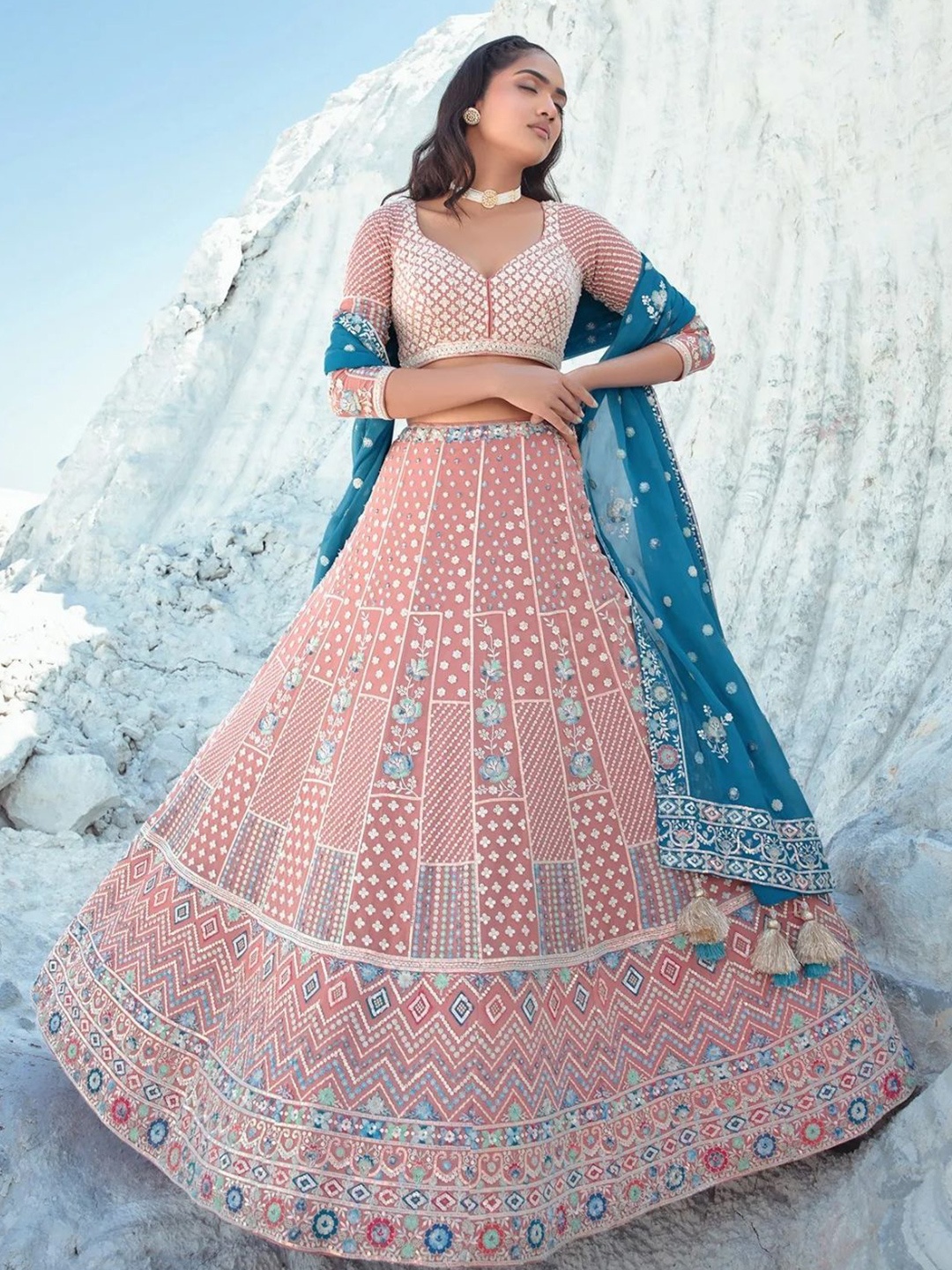 

Fusionic Embroidered Sequinned Semi-Stitched Lehenga & Unstitched Blouse With Dupatta, Peach