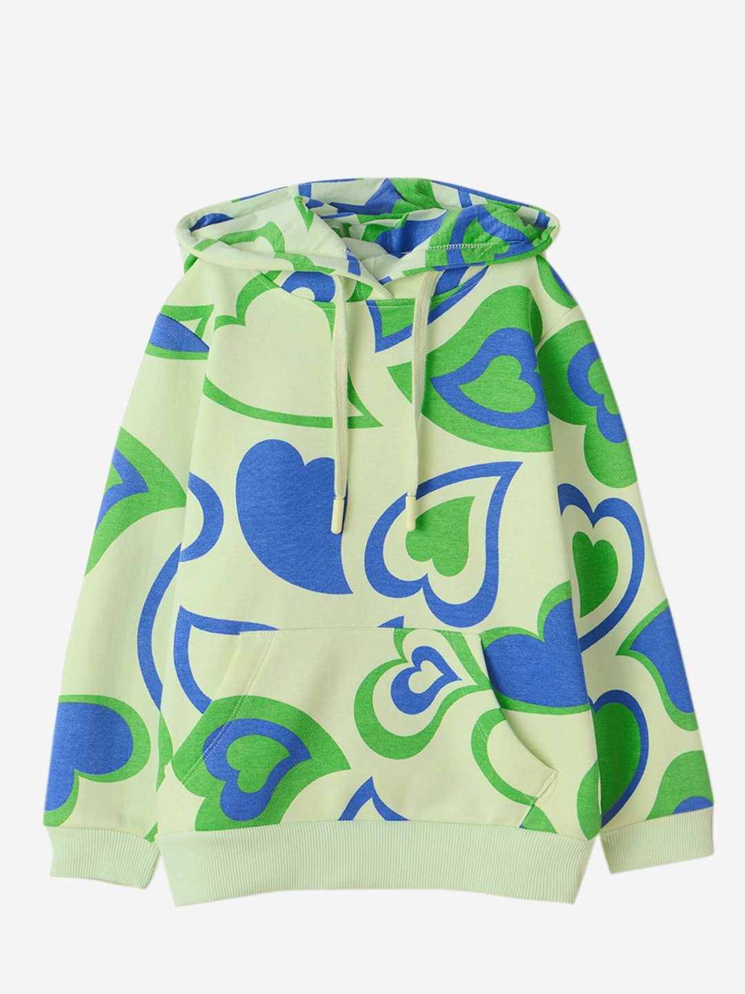 

The Souled Store Girls Marina Hearts Printed Hooded Sweatshirt, Green