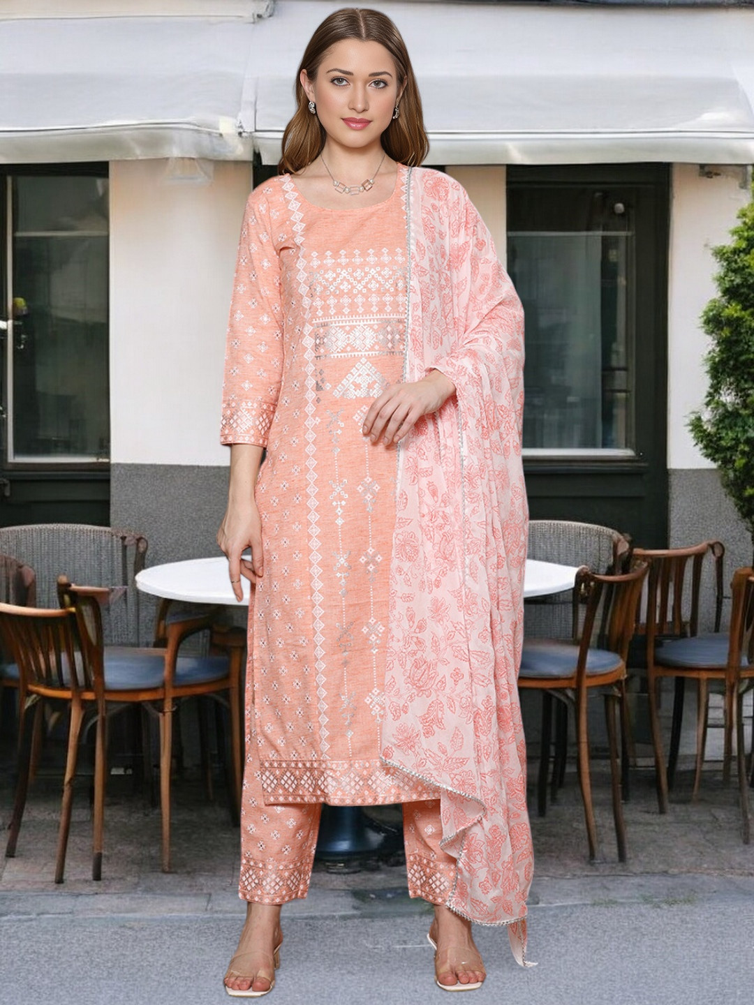 

True Shape Ethnic Motifs Printed Round Neck Cotton Straight Kurta With Trouser & Dupatta, Peach