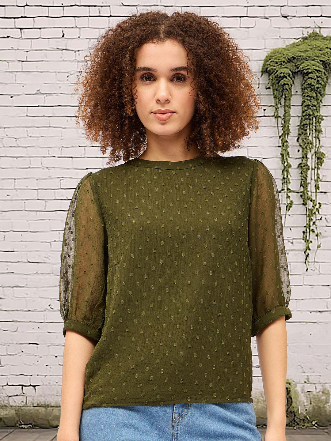 

DressBerry Women Puff Sleeves Top, Olive