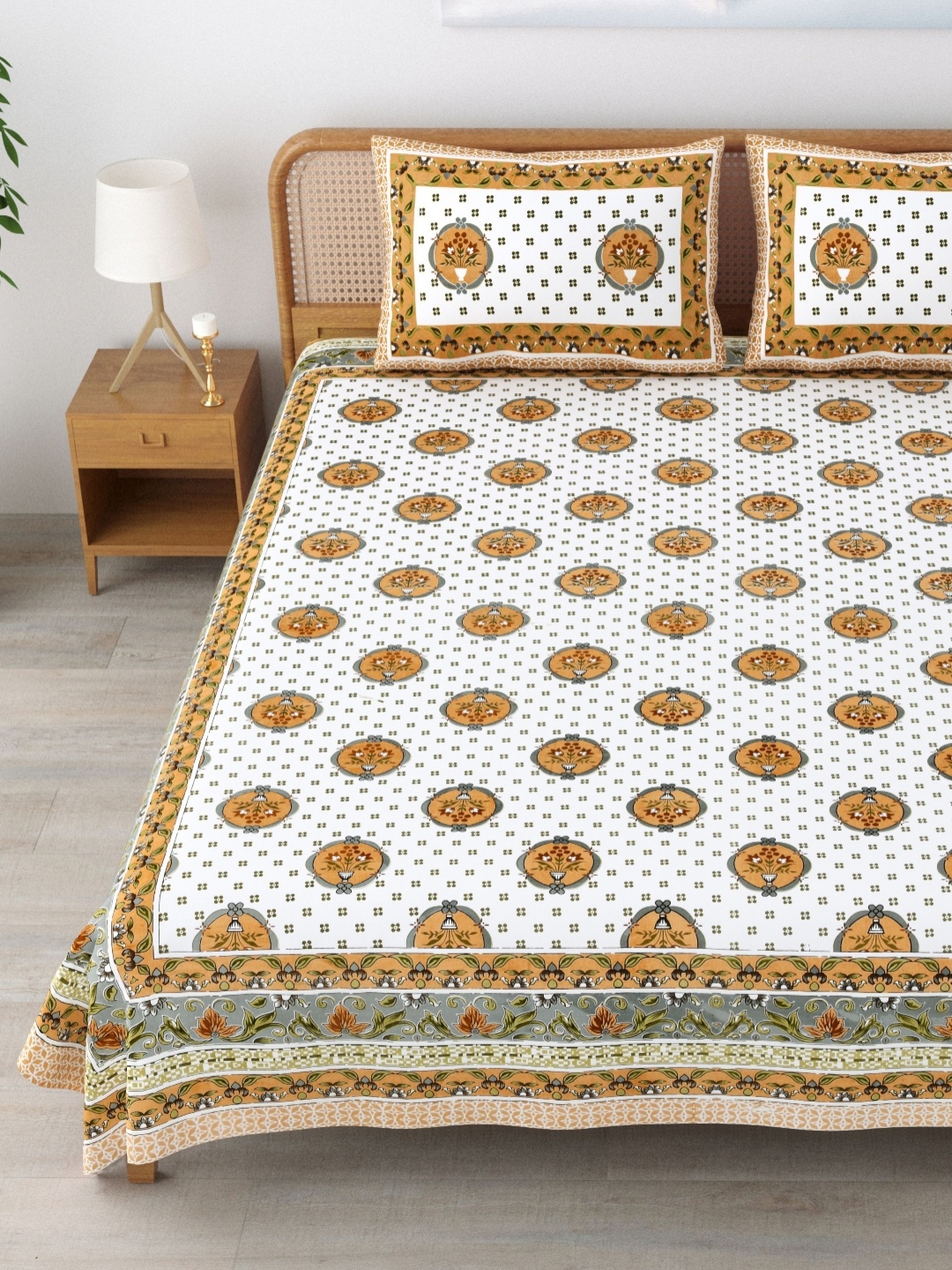 

MAFATLAL Sanskriti White & Brown Printed Cotton 144 TC King Bedsheet Sets 2.34 m x 2.70 m