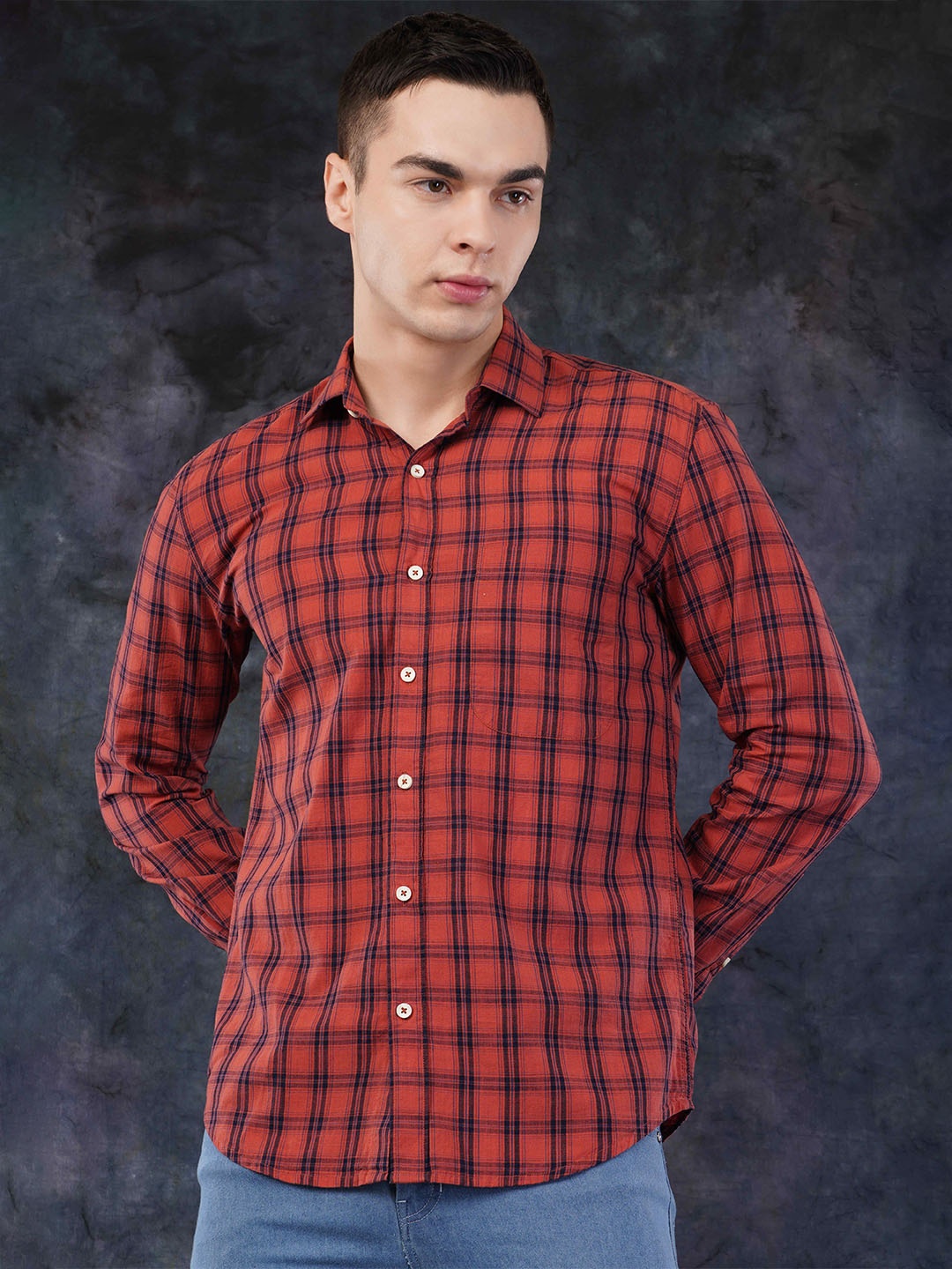 

Binioz Men Classic Fit Spread Collar Tartan Checked Cotton Casual Shirt, Red