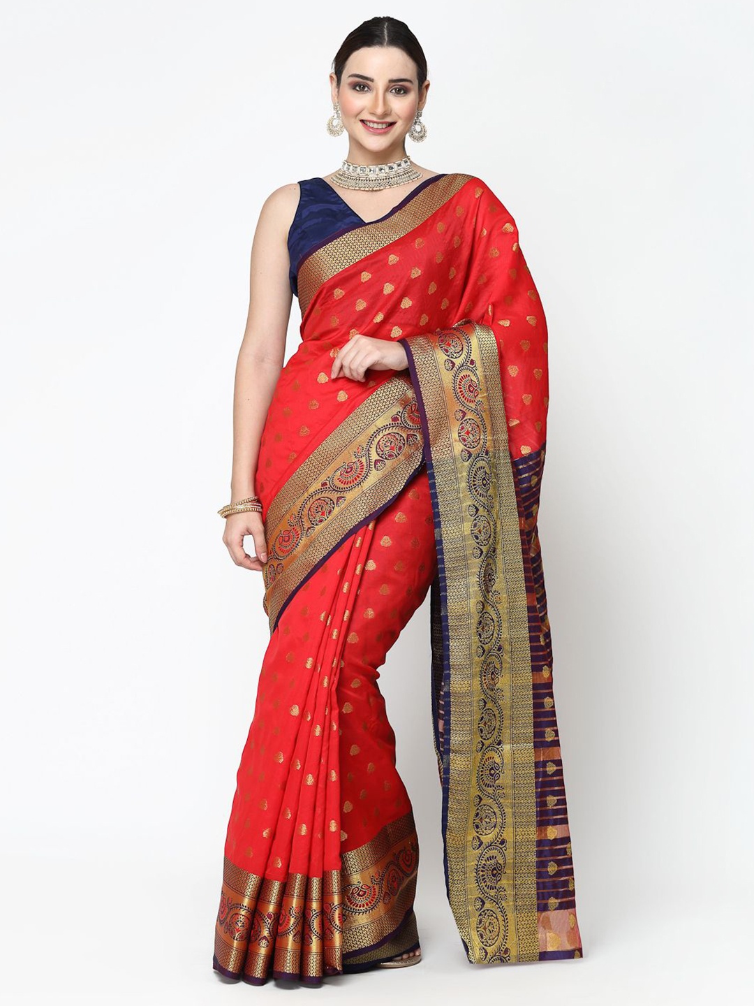 

RAJUL Woven Design Zari Silk Cotton Banarasi Saree, Red