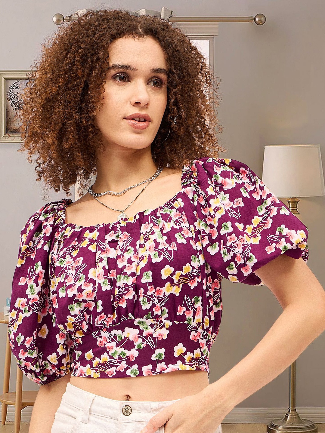 

DressBerry Floral Print Puff Sleeve Cotton Crop Top, Multi