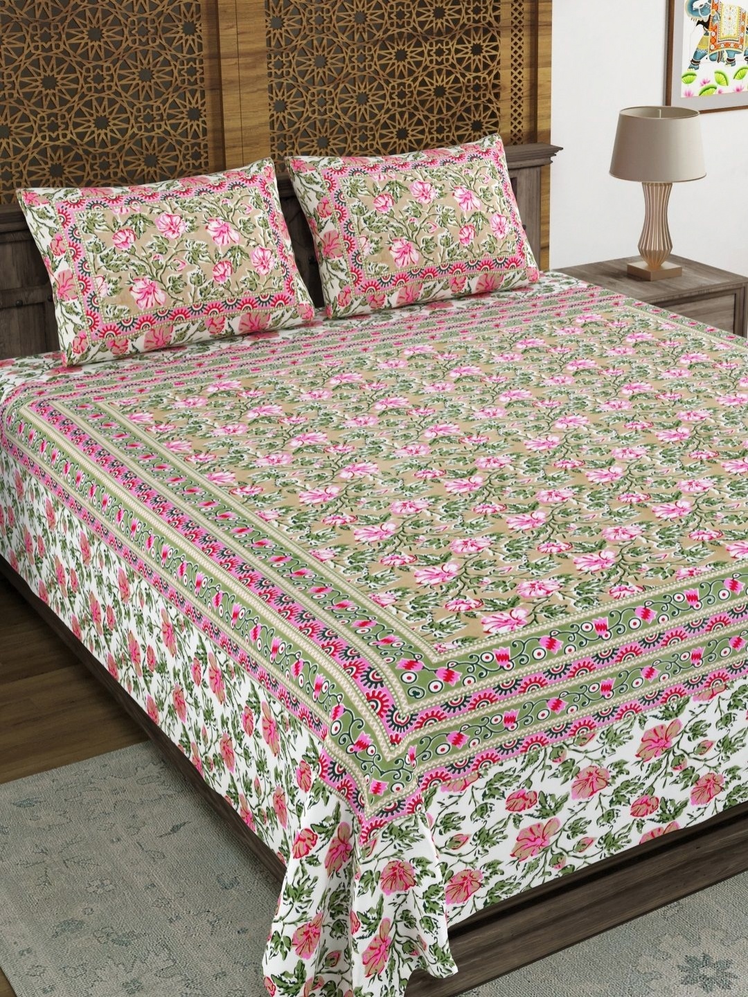 

Myntra Elegant Homes Pink Floral Printed Cotton 144 TC King Bedsheet Set- 2.18 m x 2.64 m