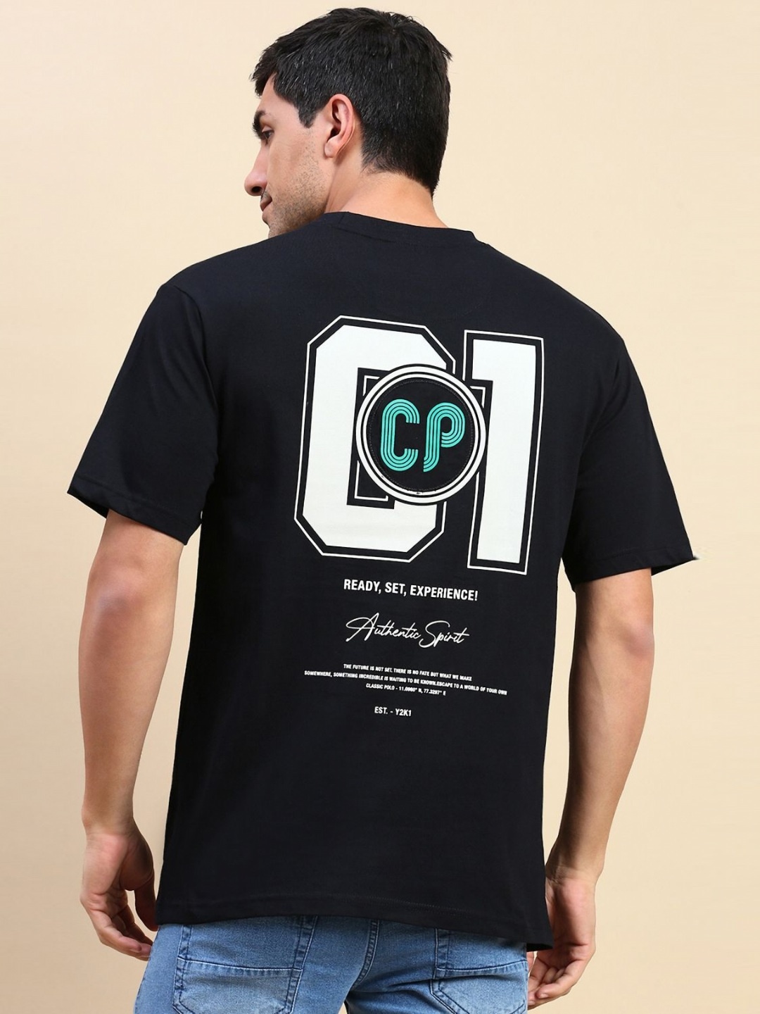

Classic Polo Men Graphic Printed Round Neck Cotton Oversized T-shirt, Black
