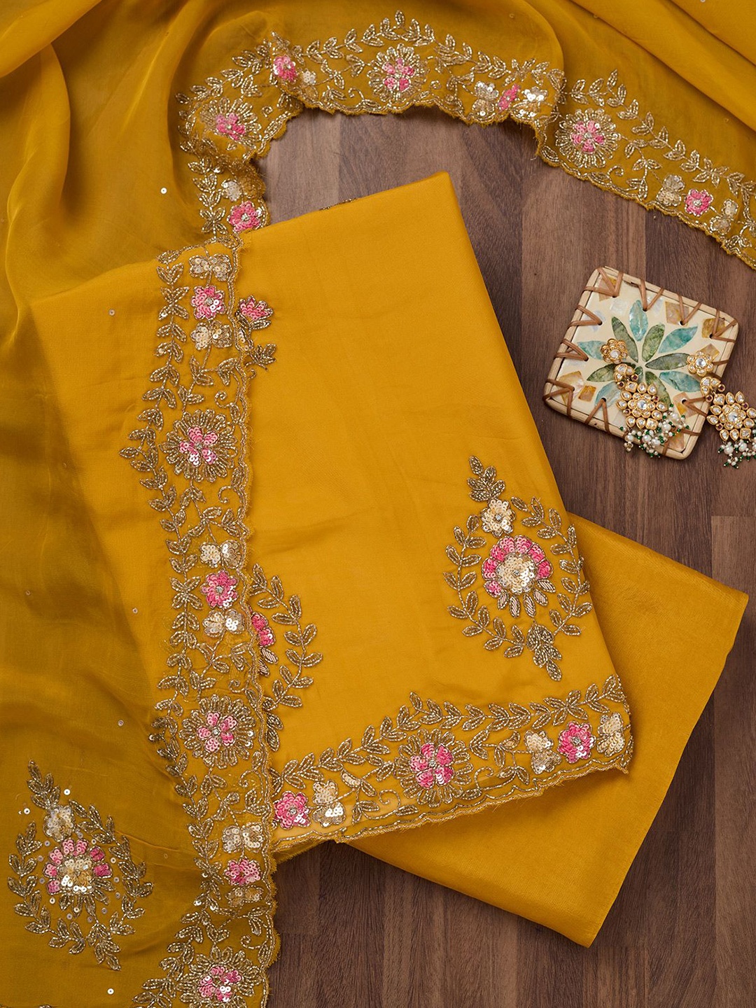 

Koskii Floral Stonework Embroidered Unstitched Dress Material, Yellow