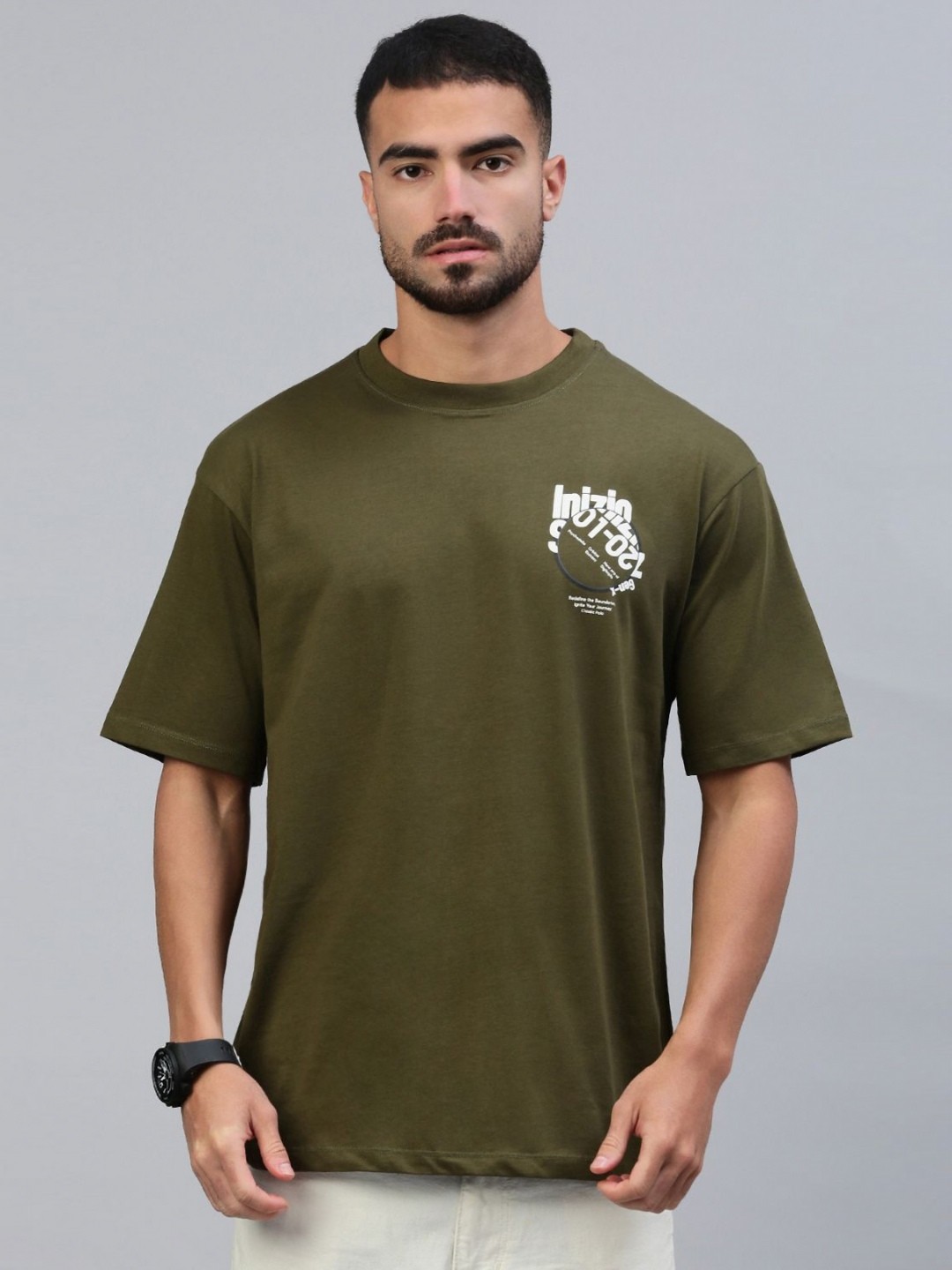 

Classic Polo Men Typography Printed Round Neck Cotton Oversized T-shirt, Olive