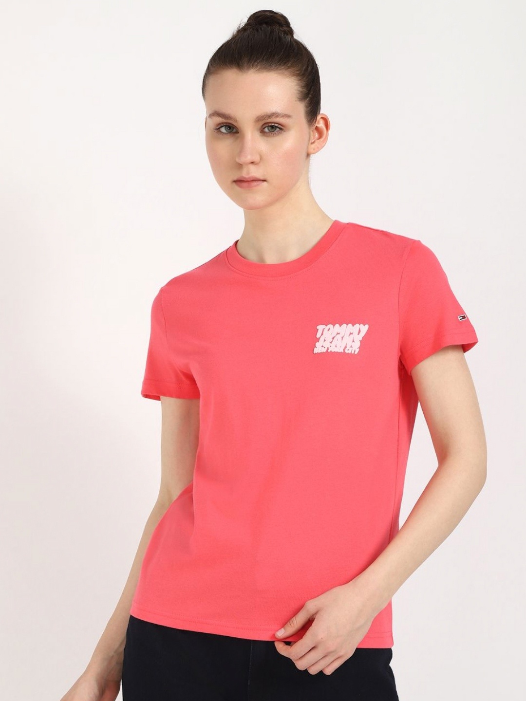 

Tommy Hilfiger Women Solid Round Neck Cotton T-shirt, Pink