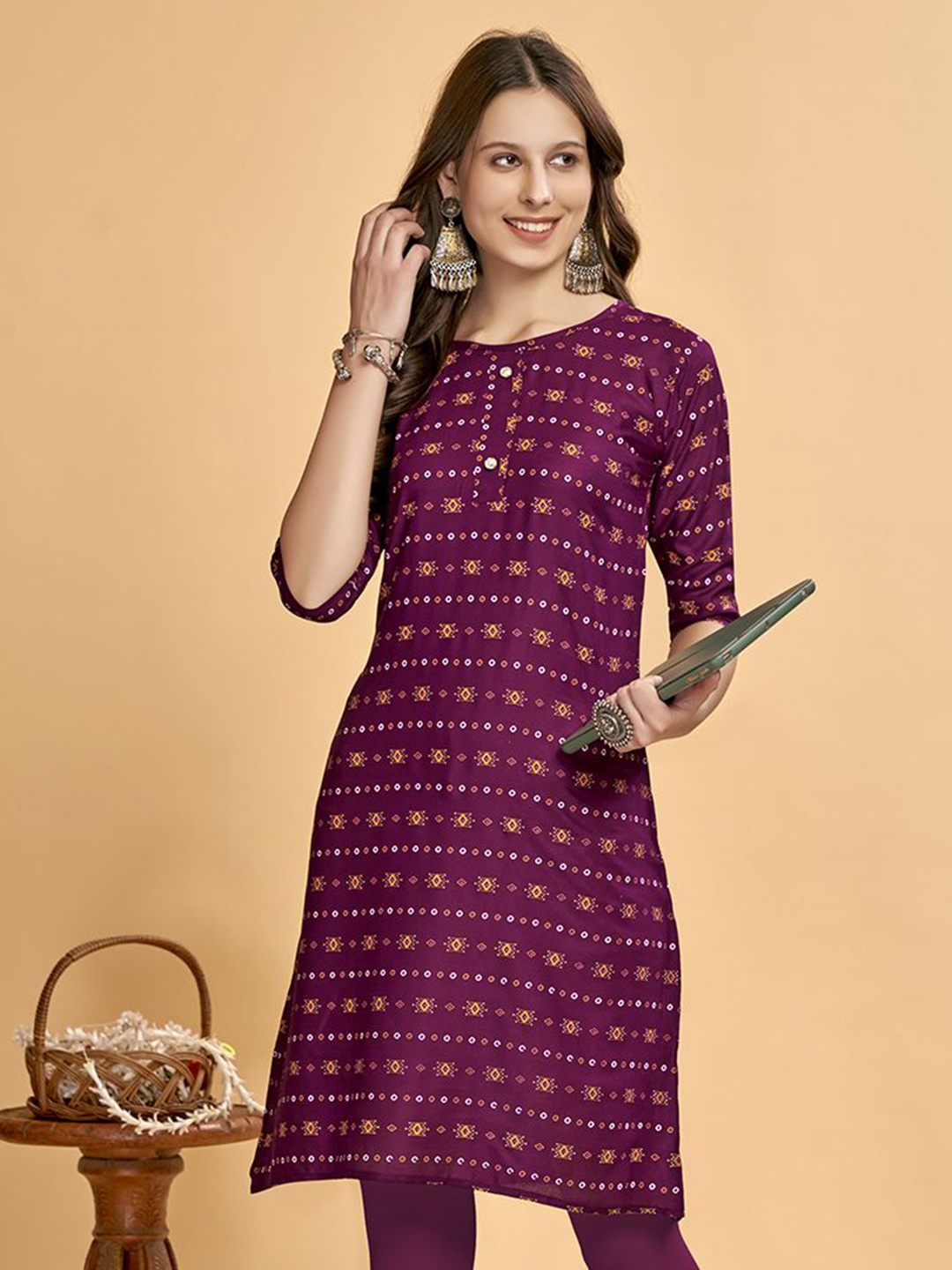

Anouk Rustic Ethnic Motifs Printed Straight Kurta, Magenta