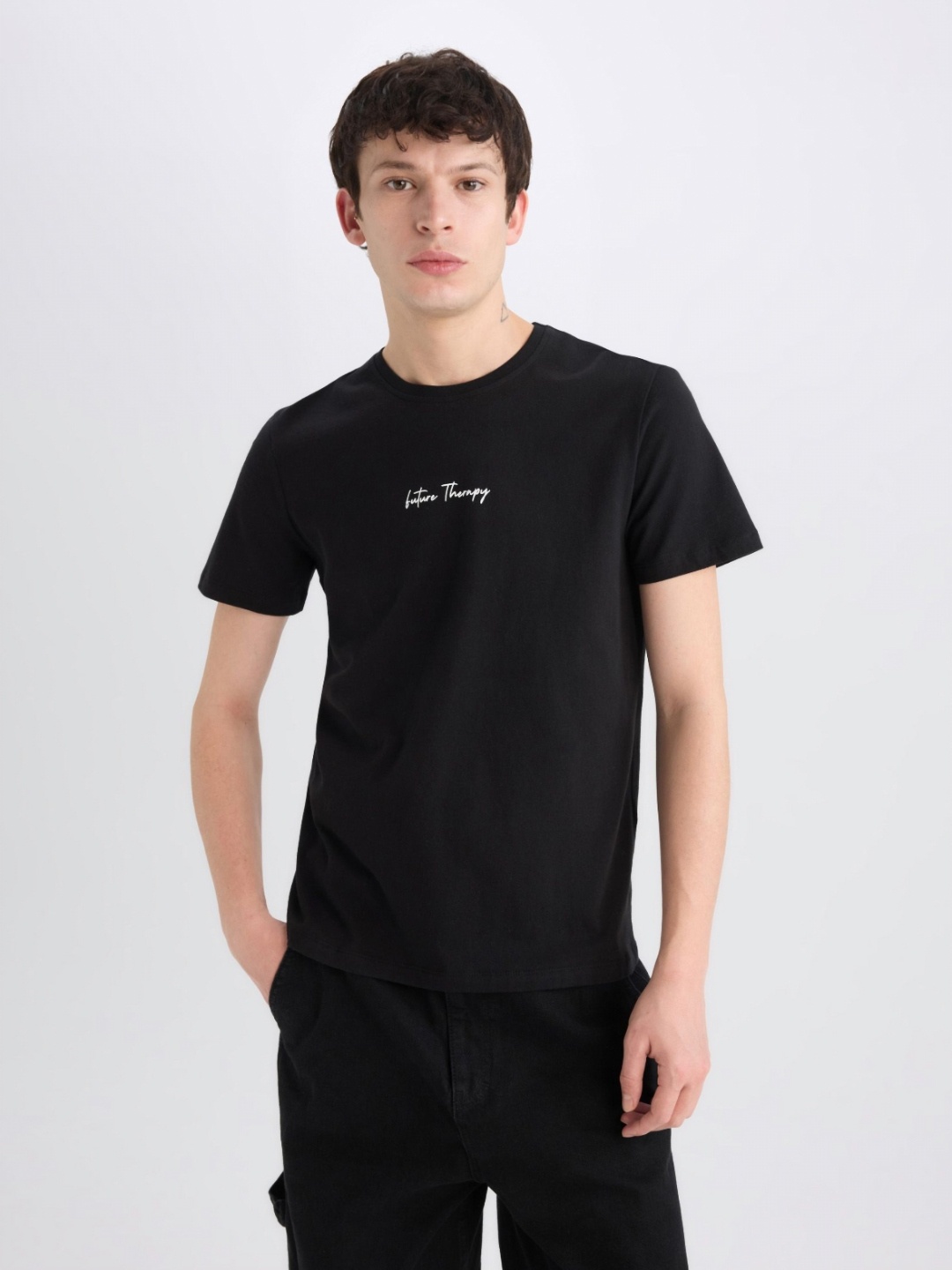 

DeFacto Men Typography Printed Round Neck Cotton T-shirt, Black
