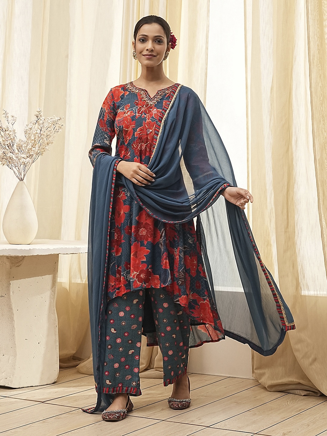 

Biba Floral Printed Notch Neck Beads and Stones Anarkali Kurta With Palazzos And Dupatta, Teal