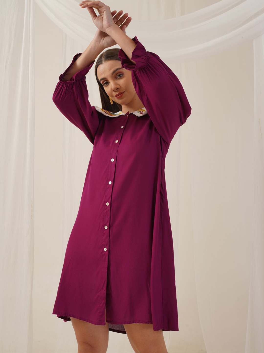 

JAINISH Women Floral Embroidered Peter Pan Collar Puff Sleeve A-Line Dress, Purple
