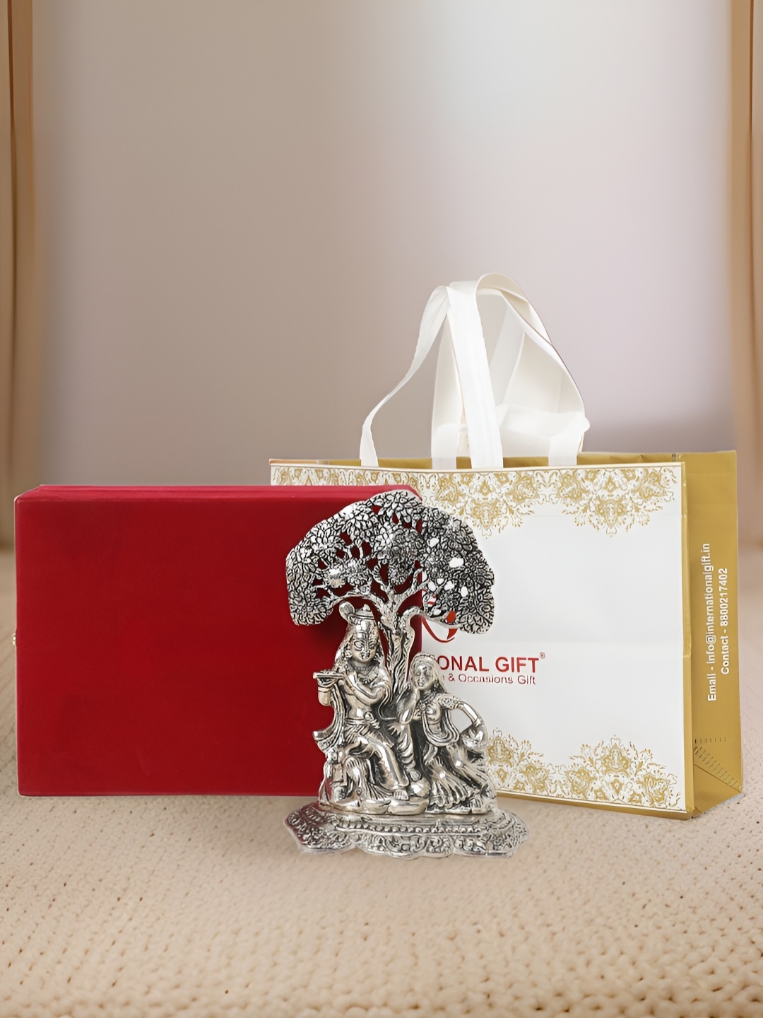 

INTERNATIONAL GIFT Silver-Toned Radha Krishna Religious Idol Showpiece