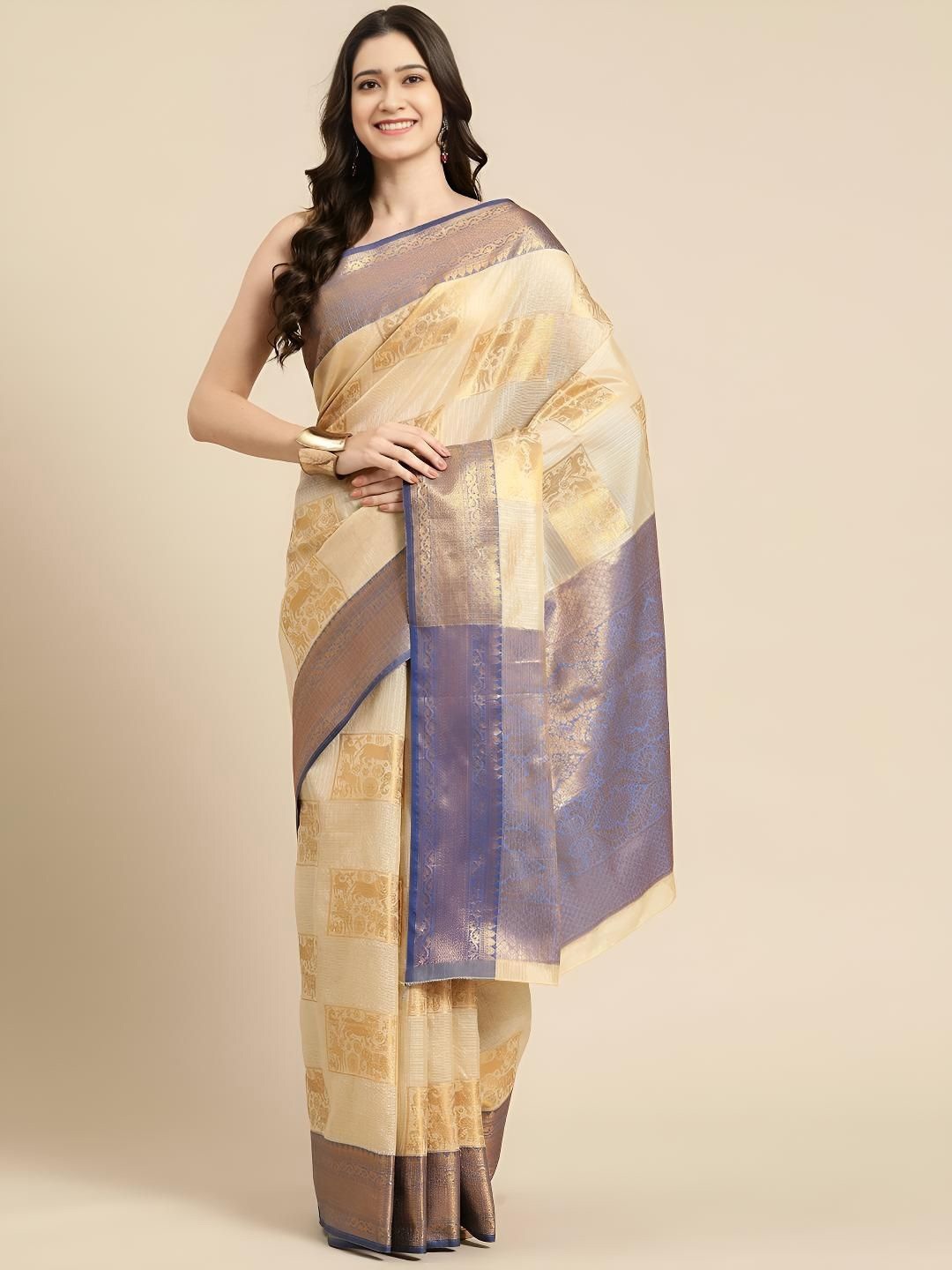 

DIVASTRI Woven Design Zari Silk Blend Kota Saree, Cream