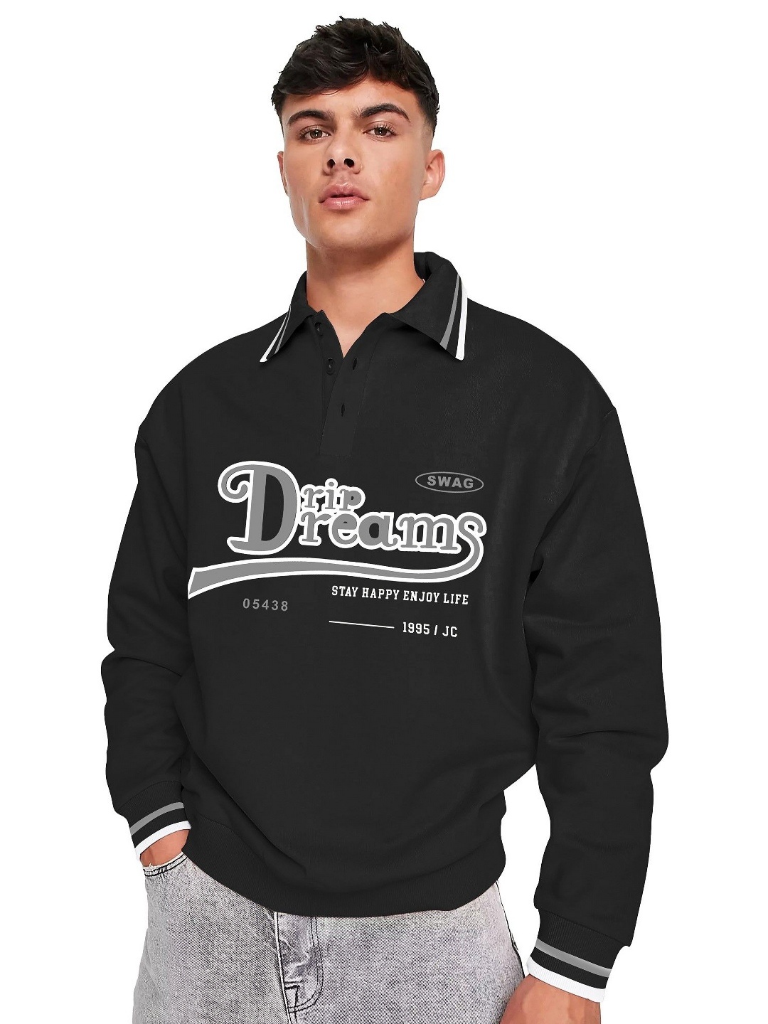 

JUMPCUTS Men Typography Printed Polo Collar Cotton Oversized T-shirt, Black