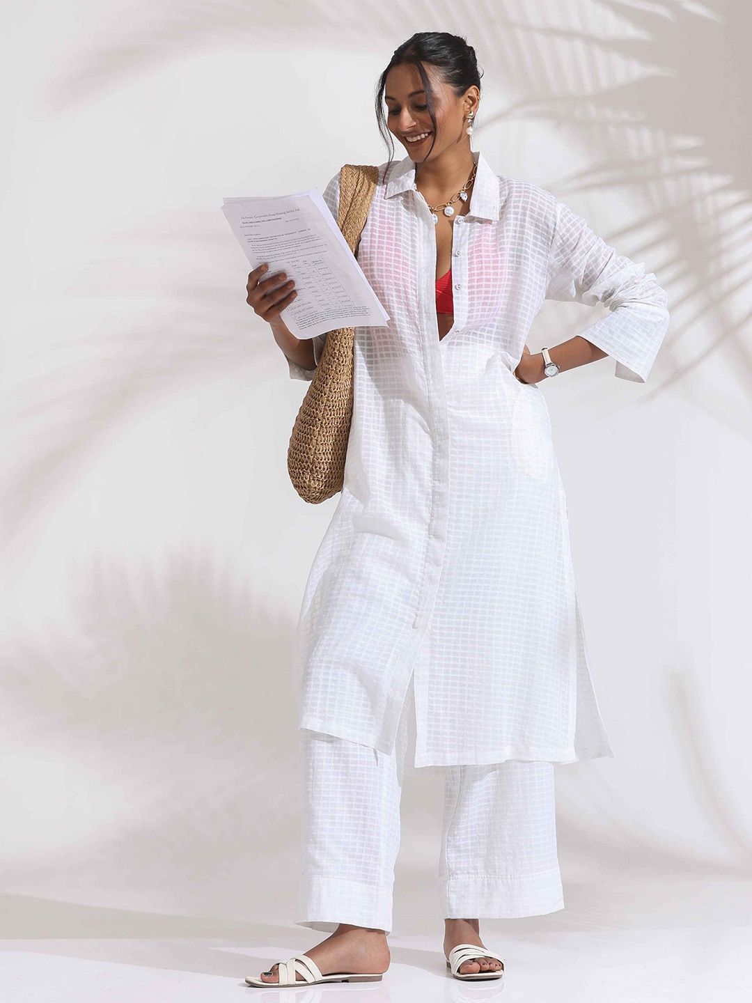 

trueBrowns Women Checked Shirt Collar Regular Pure Cotton Straight Kurta with Trousers, White