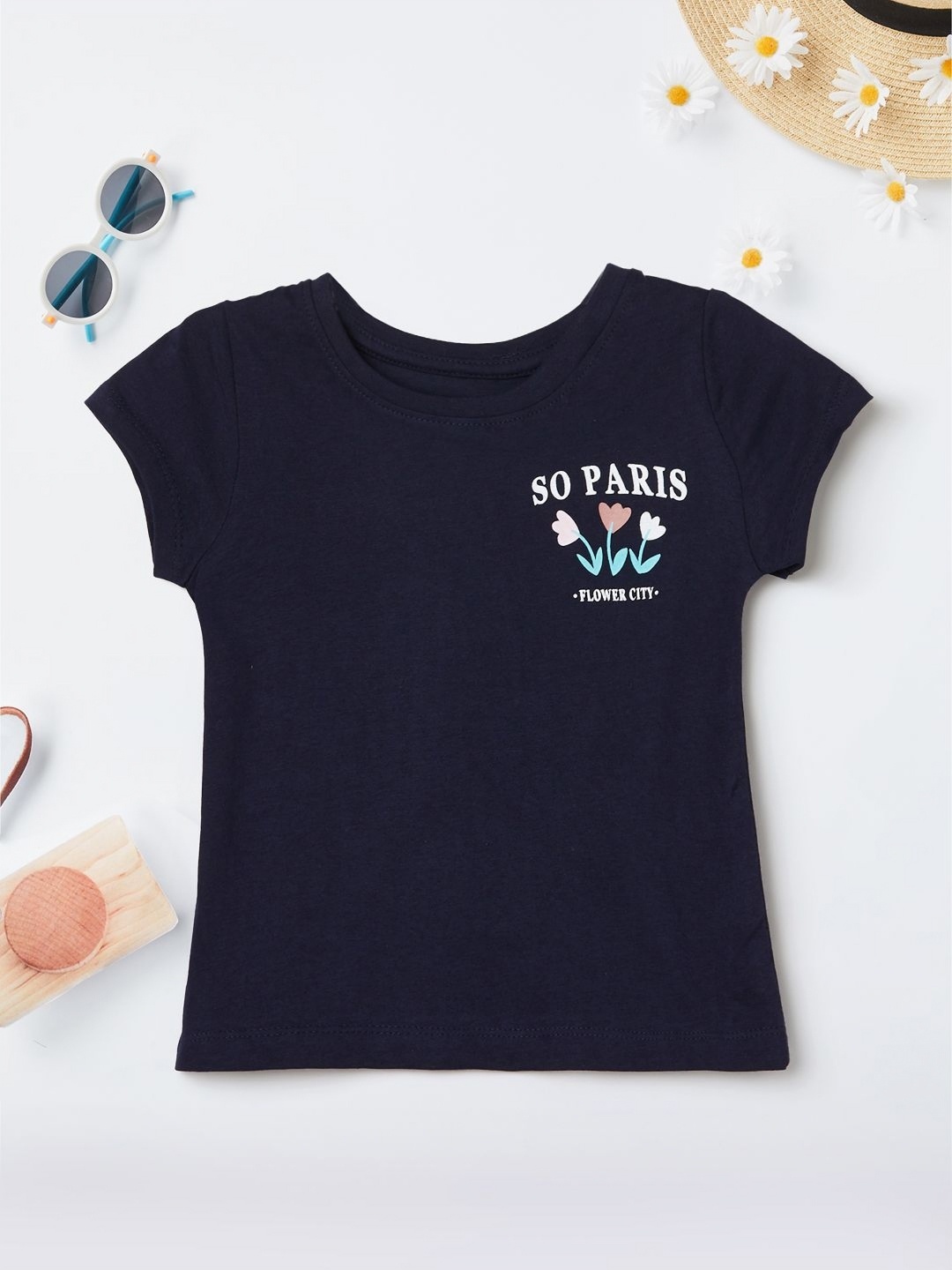 

max Girls Typography Printed Round Neck Cotton T-shirt, Navy blue