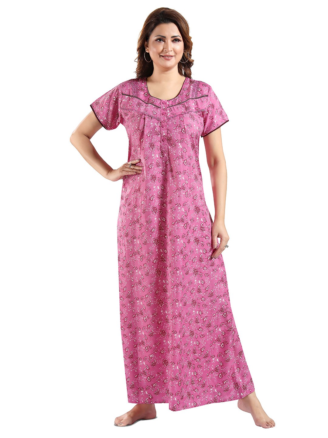 

NIGHT QUEEN Women Floral Printed Maxi Nightdress, Pink