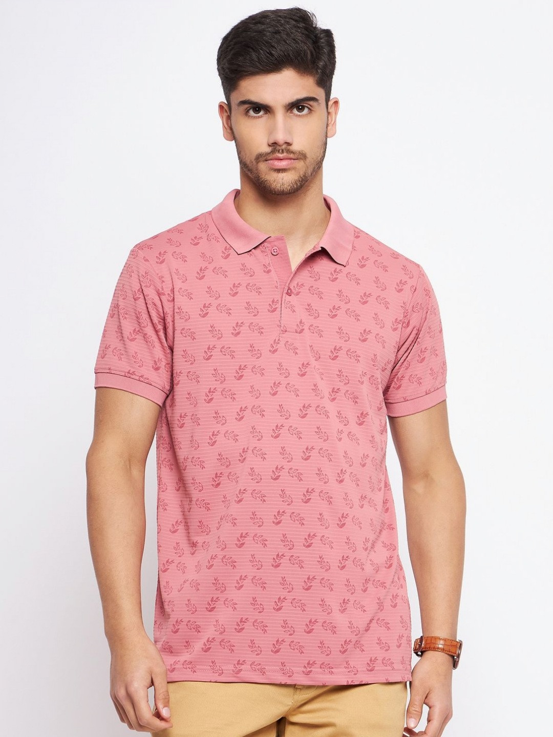 

MXN Men Floral Printed Polo Collar Cotton T-shirt, Peach