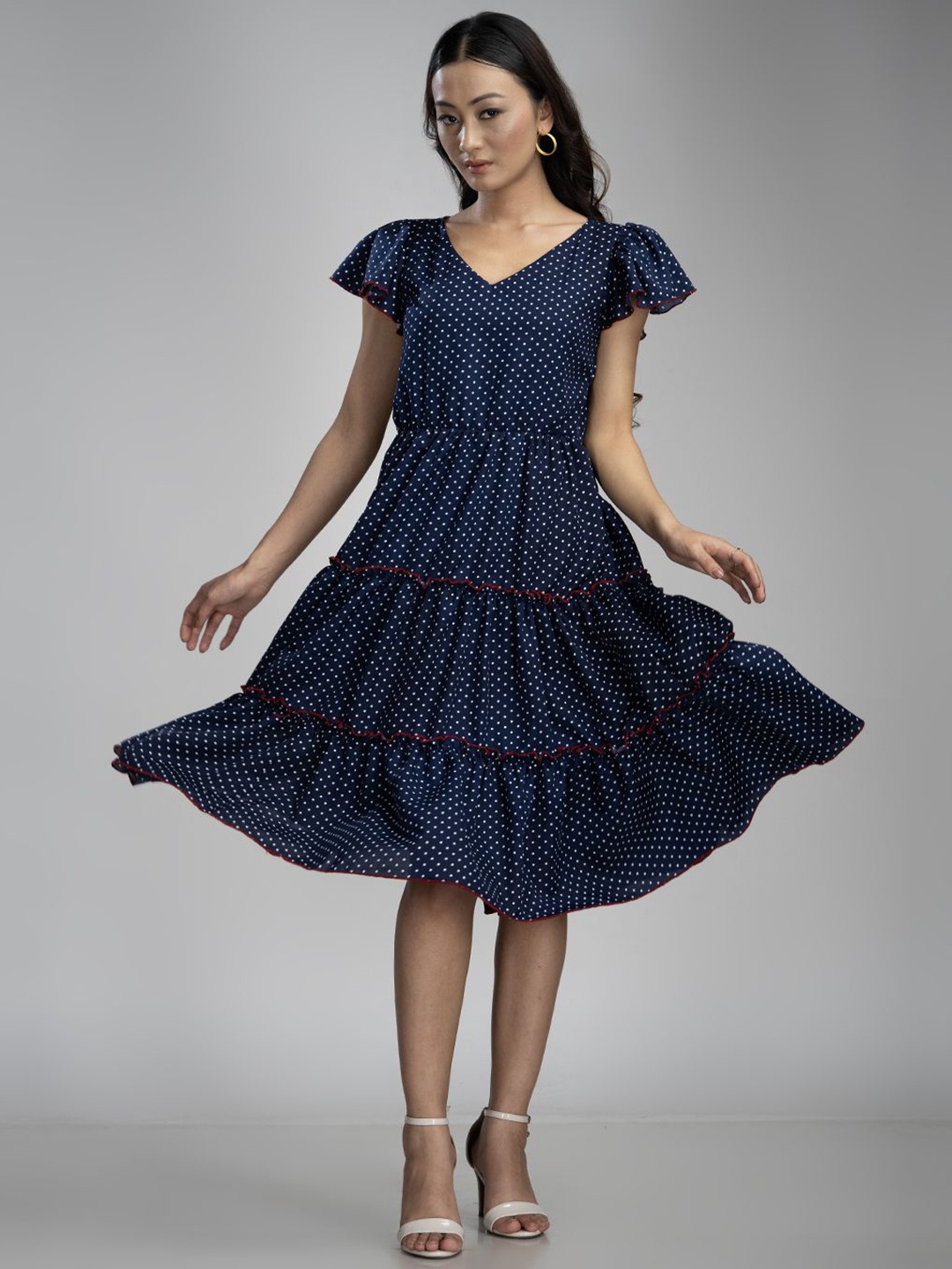 

KRISS-CROX Print Flared Sleeve V Neck Fit & Flare Dress, Navy blue