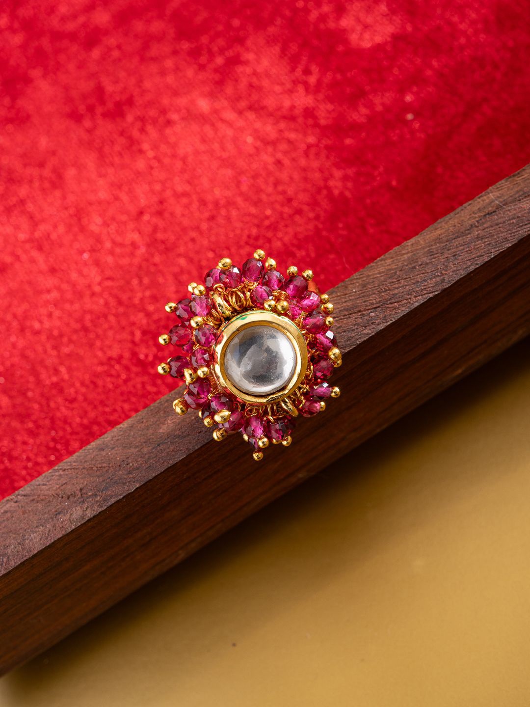 

PANASH Gold-Plated Kundan Studded And Beaded Finger Ring
