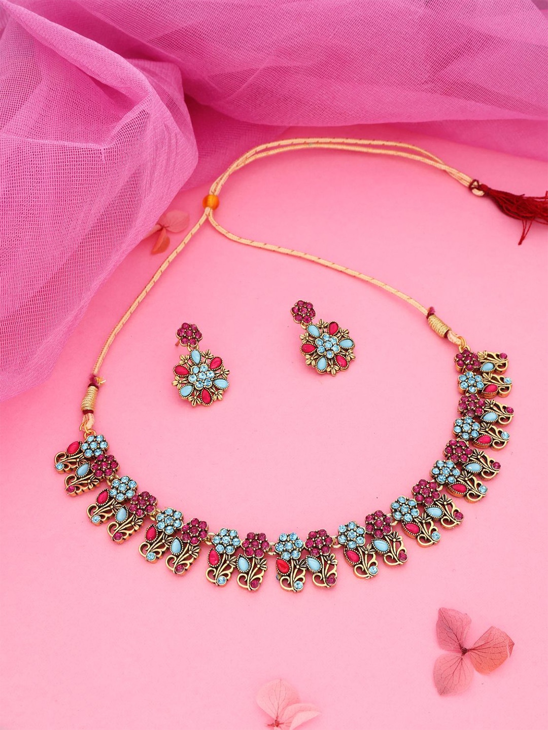 

DIVASTRI Set Of 2 Gold & Silver-Plated Stone Studded Jewellery Set