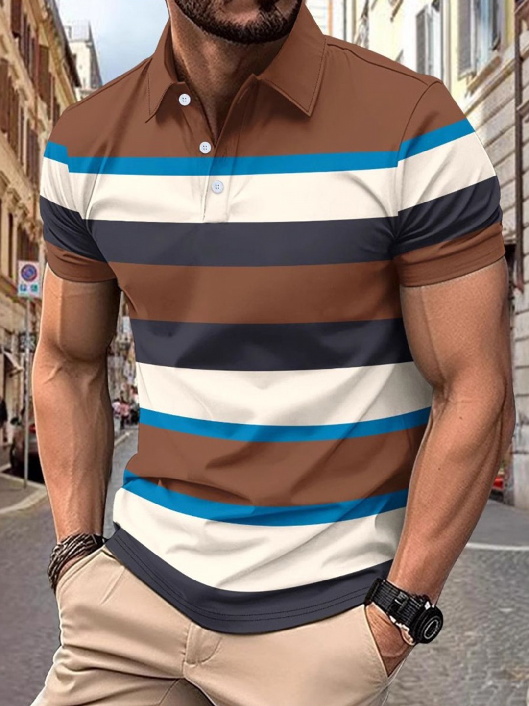 

StyleCast x Revolte Men Striped Polo Collar Raw Edge T-shirt, Brown