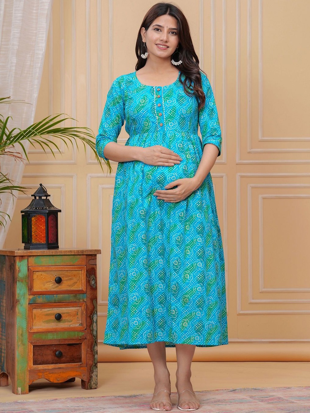 

Nevisha Style Floral Printed Pleated Gotta Patti Maternity Cotton Anarkali Kurta, Blue