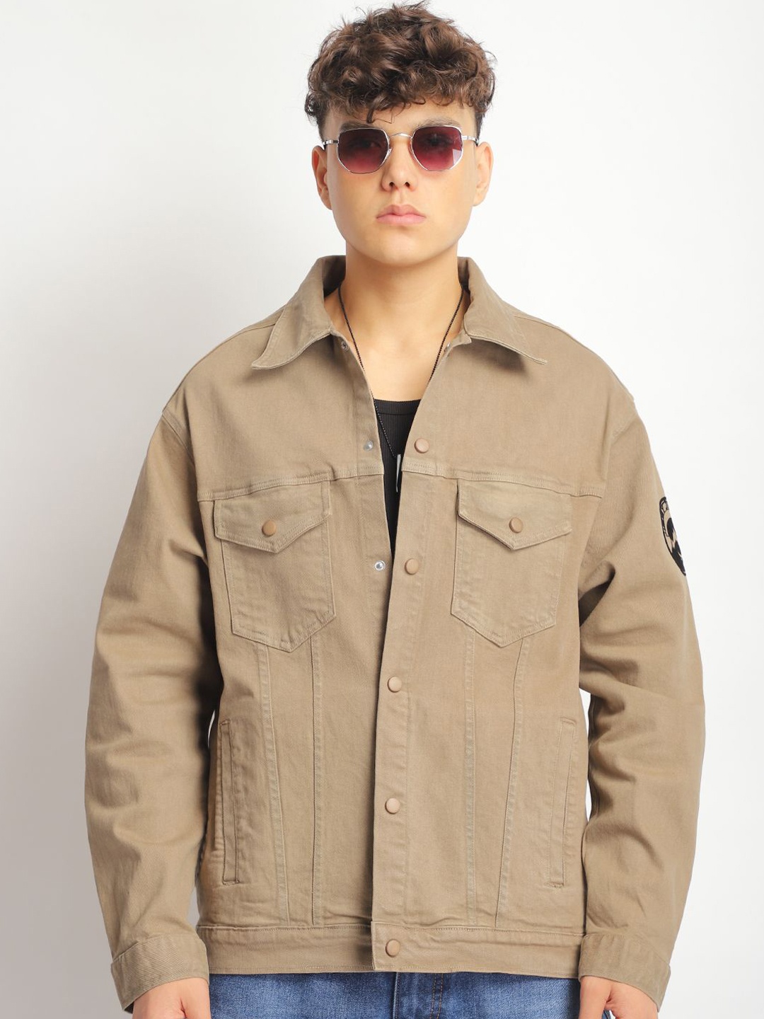 

JIMMY & JORDAN Men Denim Jacket with Patchwork, Khaki