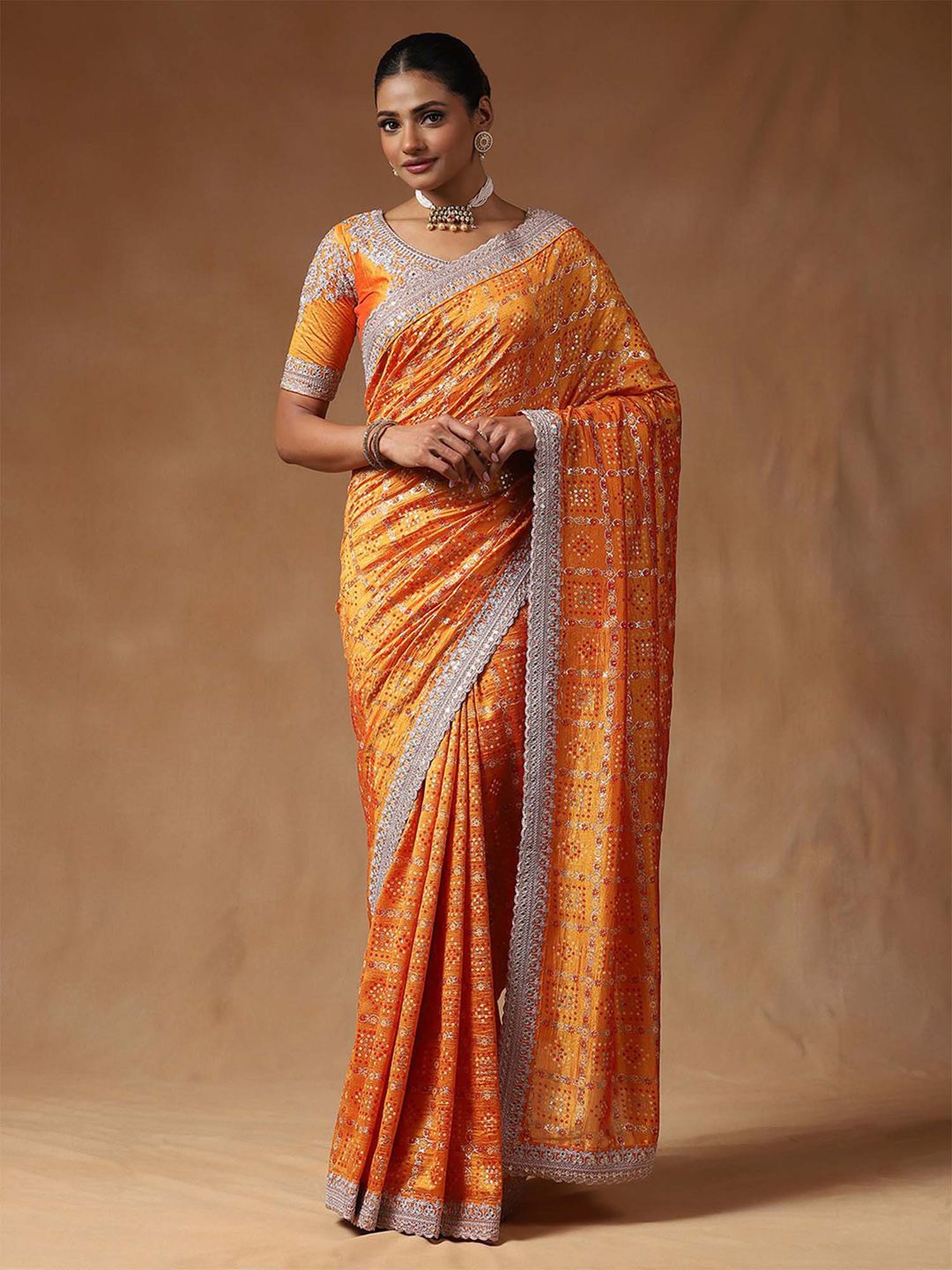 

Saree mall Bandhani Embroidered Silk Blend Sarees, Orange