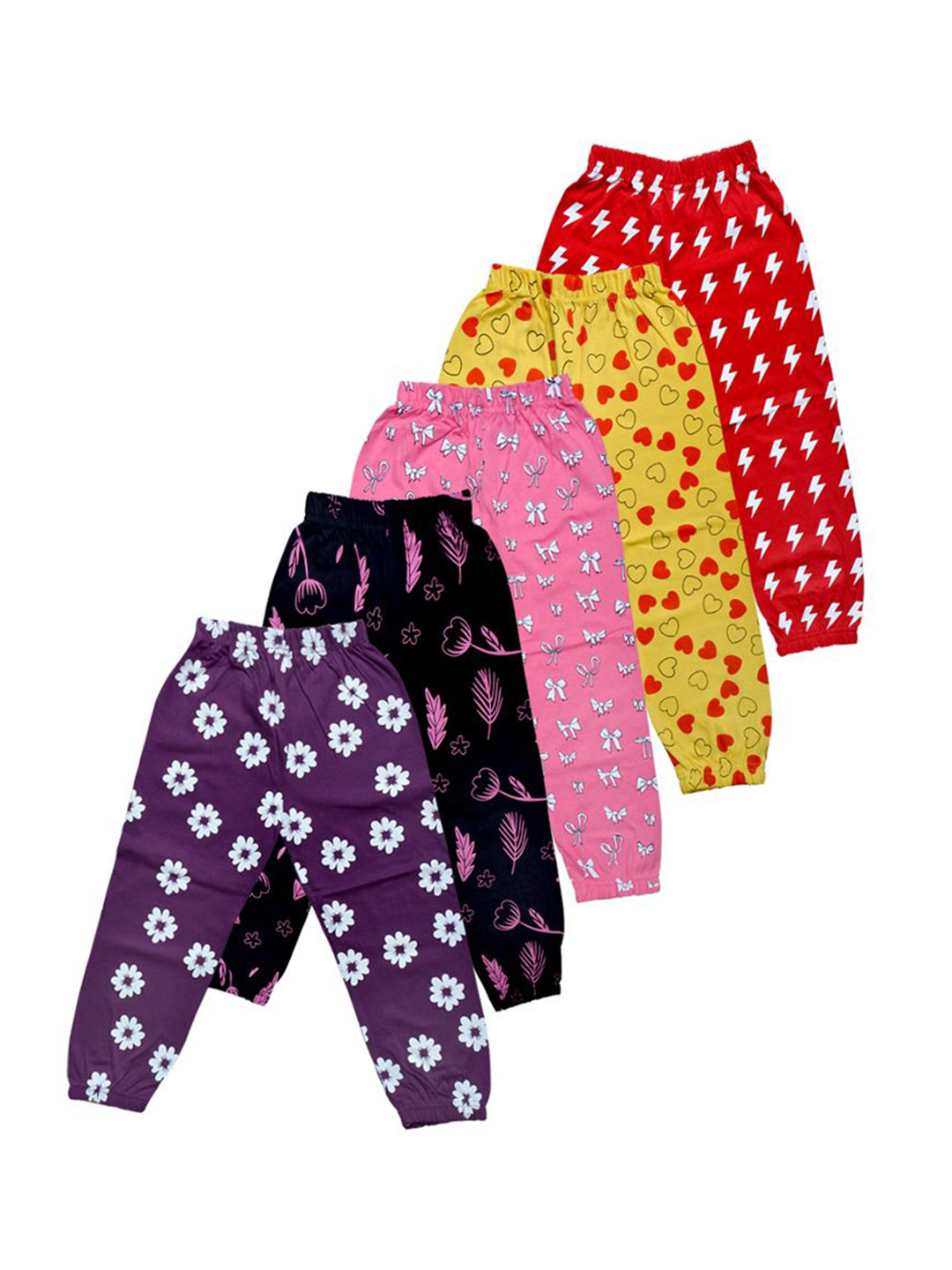 

FAZZA Girls Pack Of 5 Printed Cotton Mid-Rise Joggers, Purple