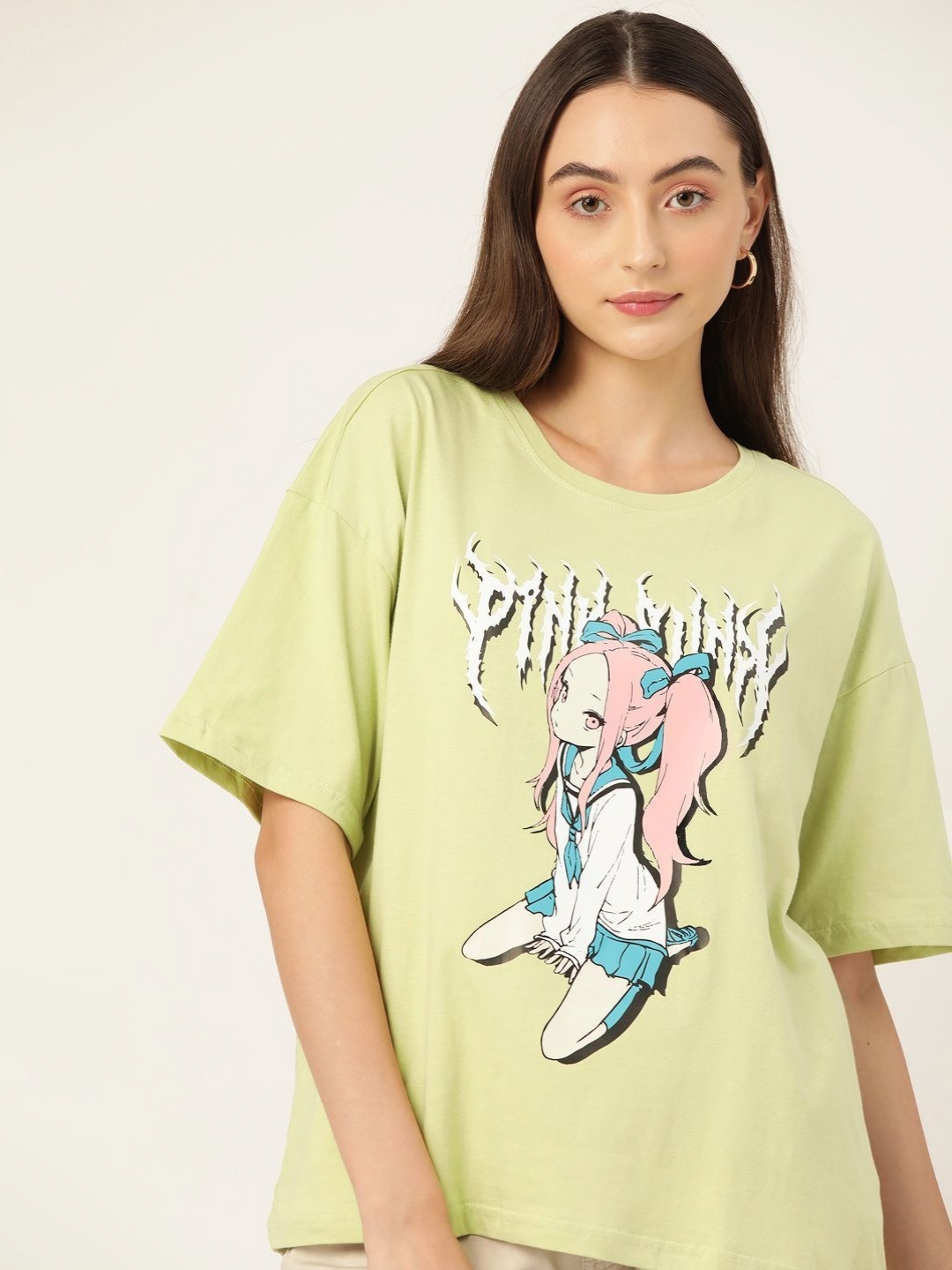 

DressBerry Women Graphic Printed Round Neck Cotton Oversized T-shirt, Green