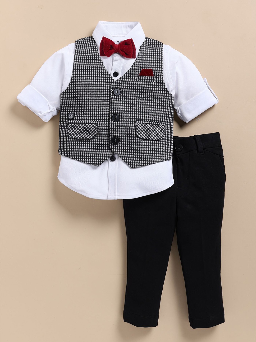 

LITTLE COLLARS Boys Checked Collarless Single-Breasted 4-Pieces Suits, Black