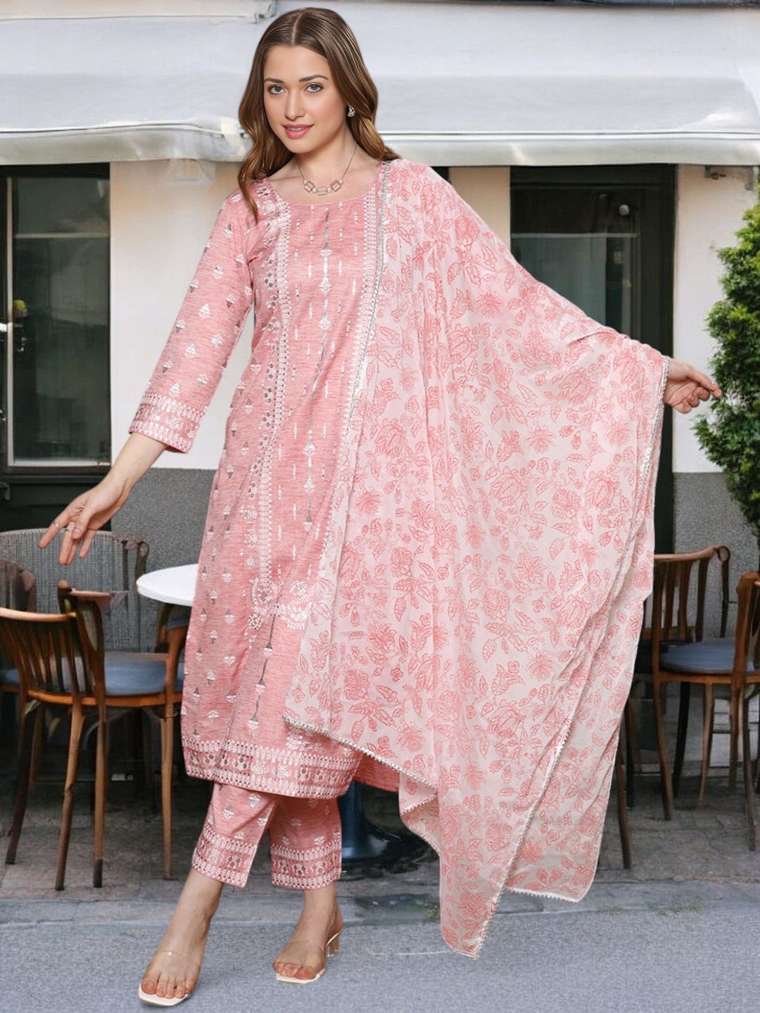 

True Shape Ethnic Motifs Printed Round Neck Cotton Straight Kurta With Trouser & Dupatta, Pink