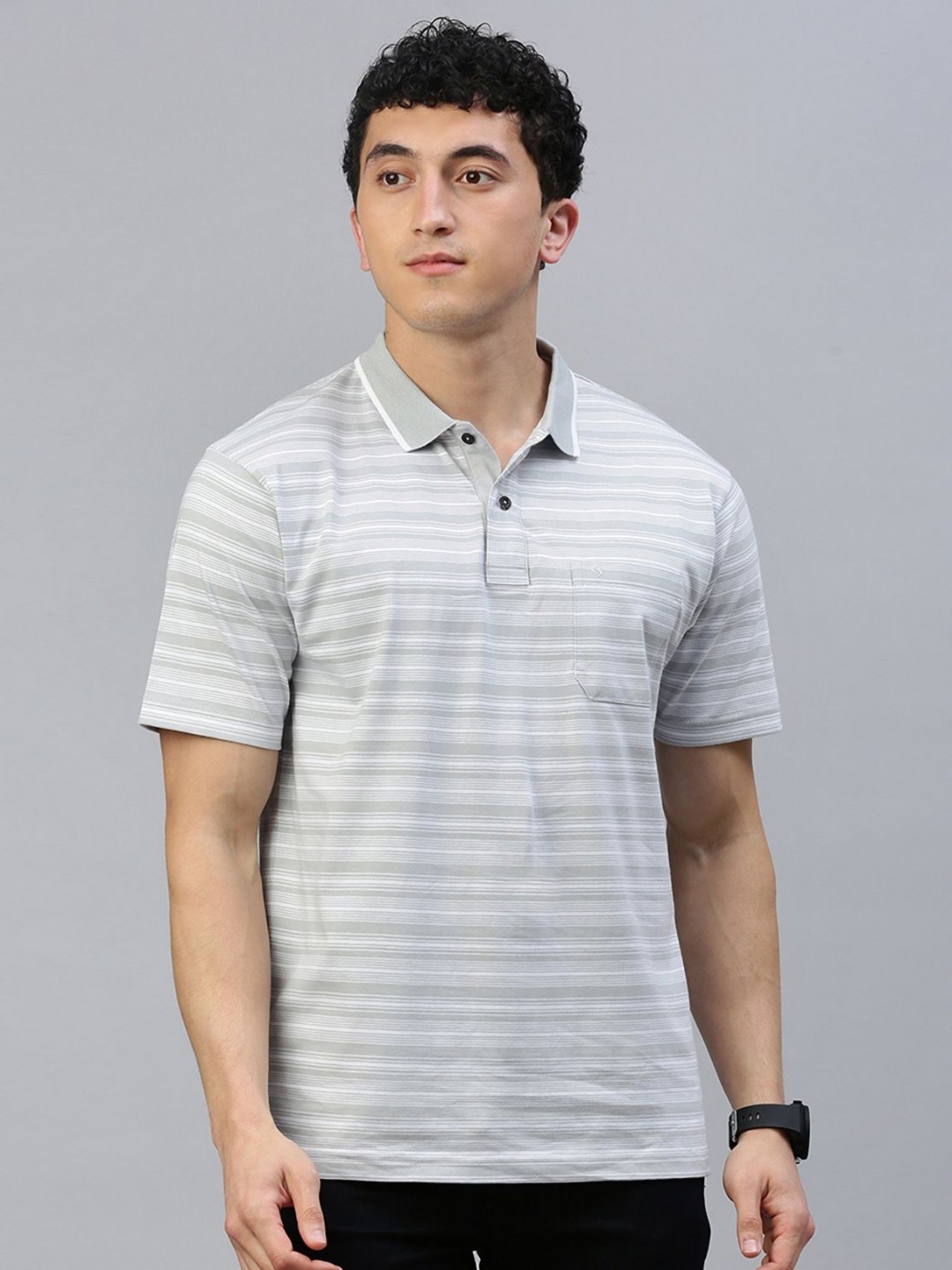 

Classic Polo Men Striped Polo Collar Pockets T-shirt, Grey