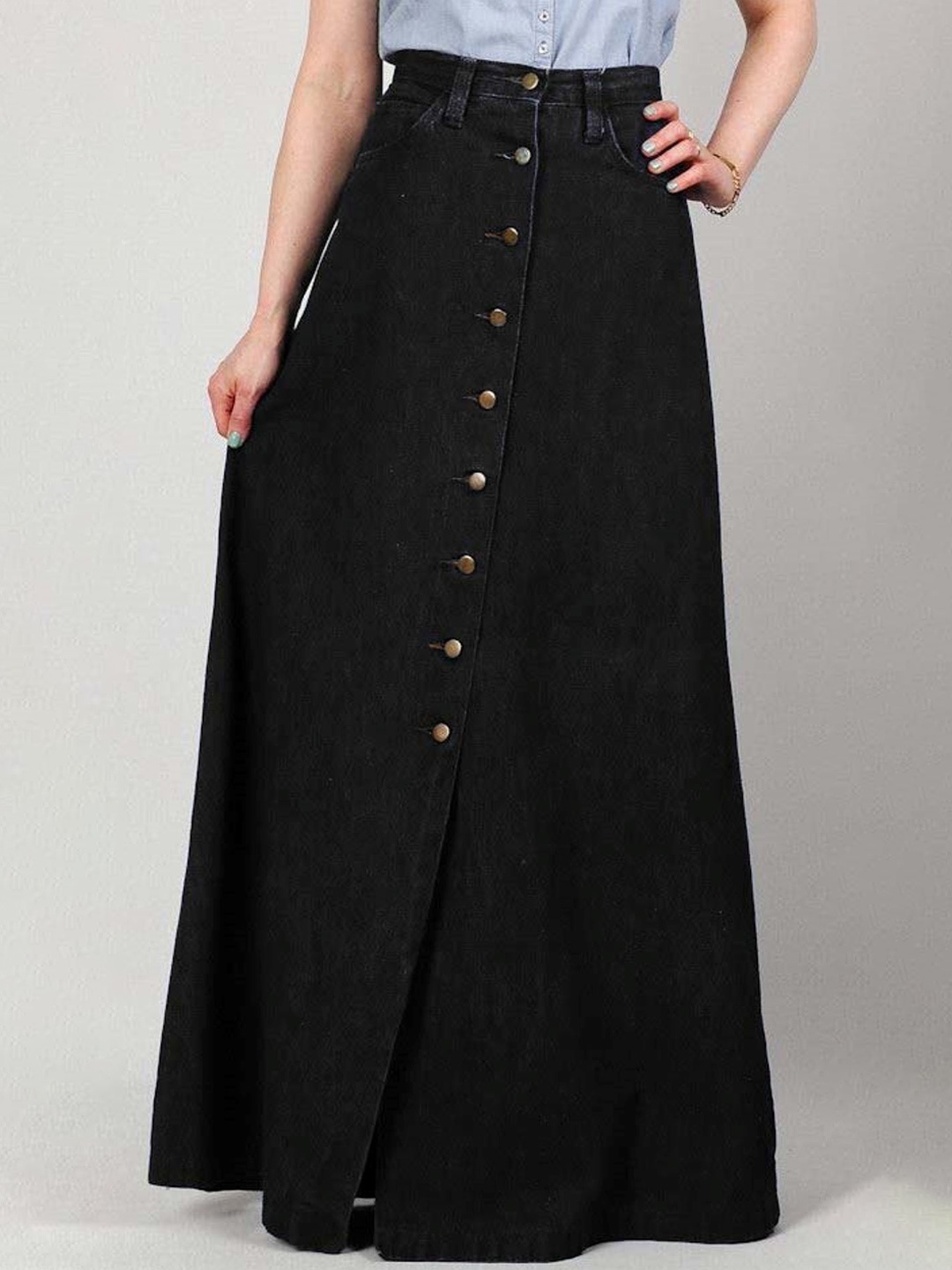 

Tripursundari Fashion Women Buttoned A-Line Full Length Denim Skirt, Black