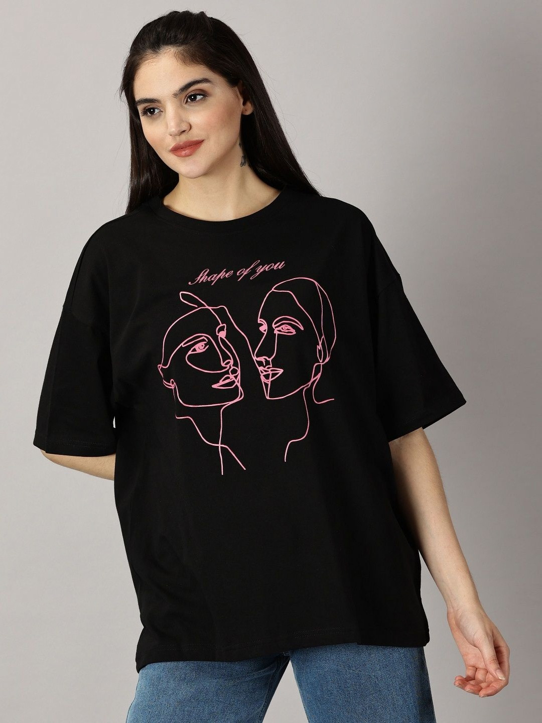 

THE HOLLANDER Women Graphic Printed Round Neck Cotton Oversized T-shirt, Black
