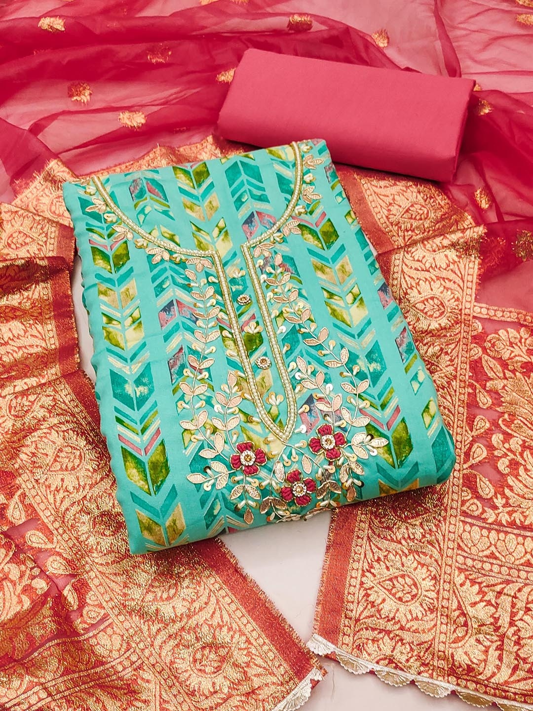 

Blissta Printed Unstitched Dress Material, Teal
