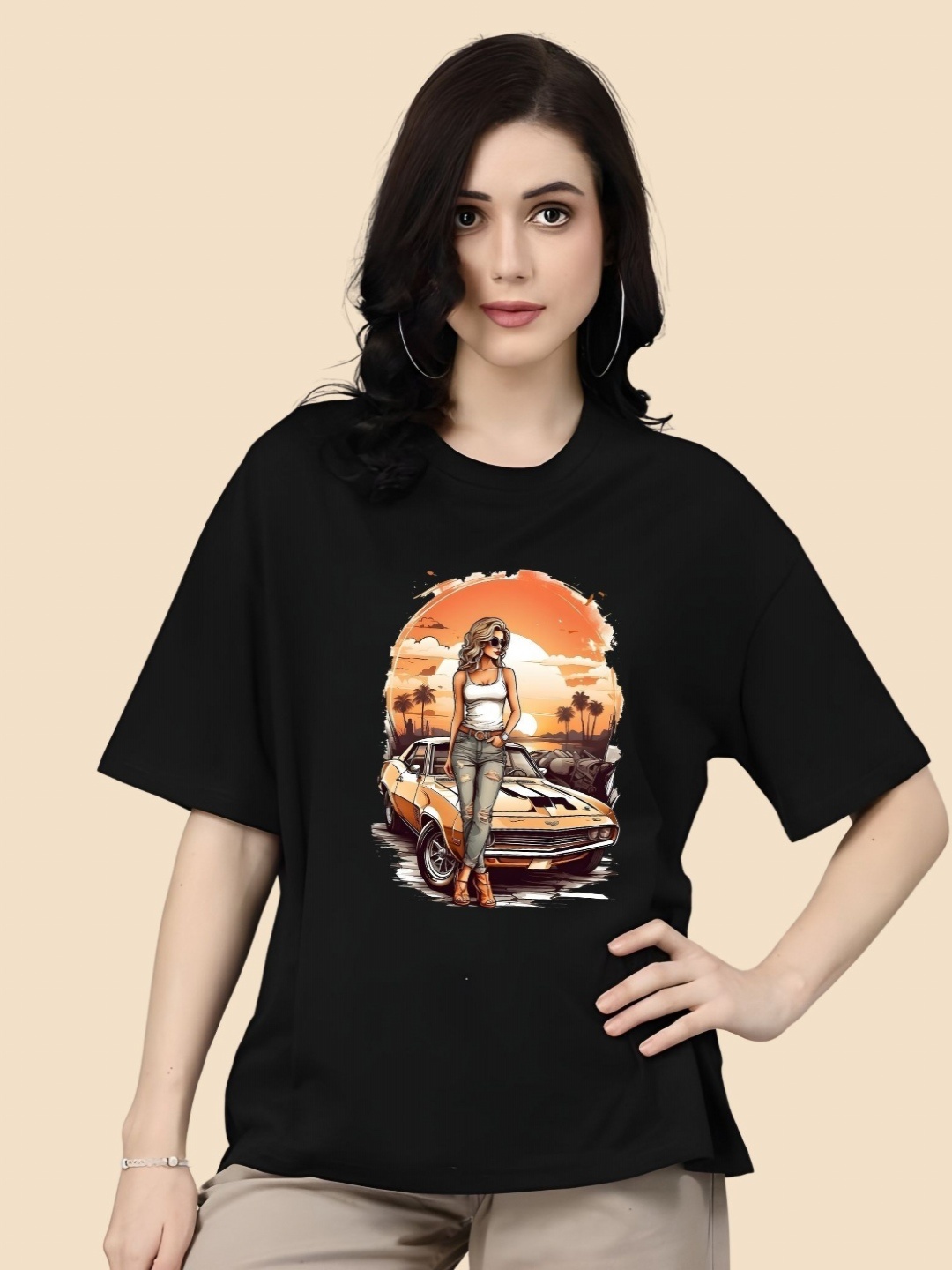 

SZN Women Graphic Printed Round Neck Cotton Oversized T-shirt, Black