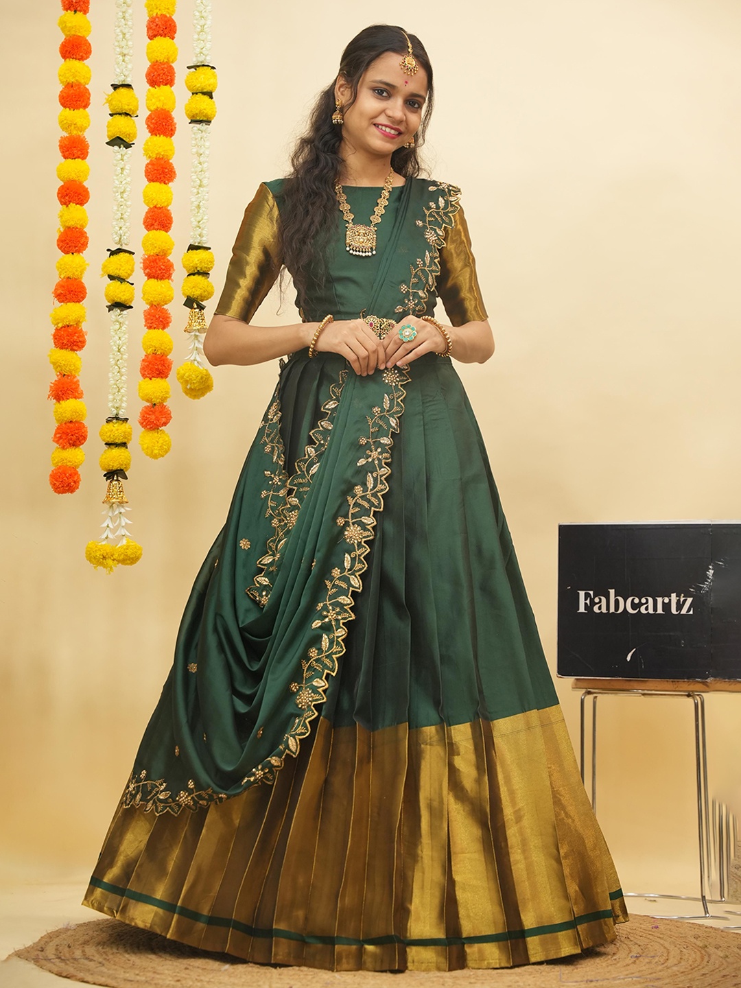 

Fabcartz Woven Design Zari Semi-Stitched Lehenga & Unstitched Blouse With Dupatta, Green