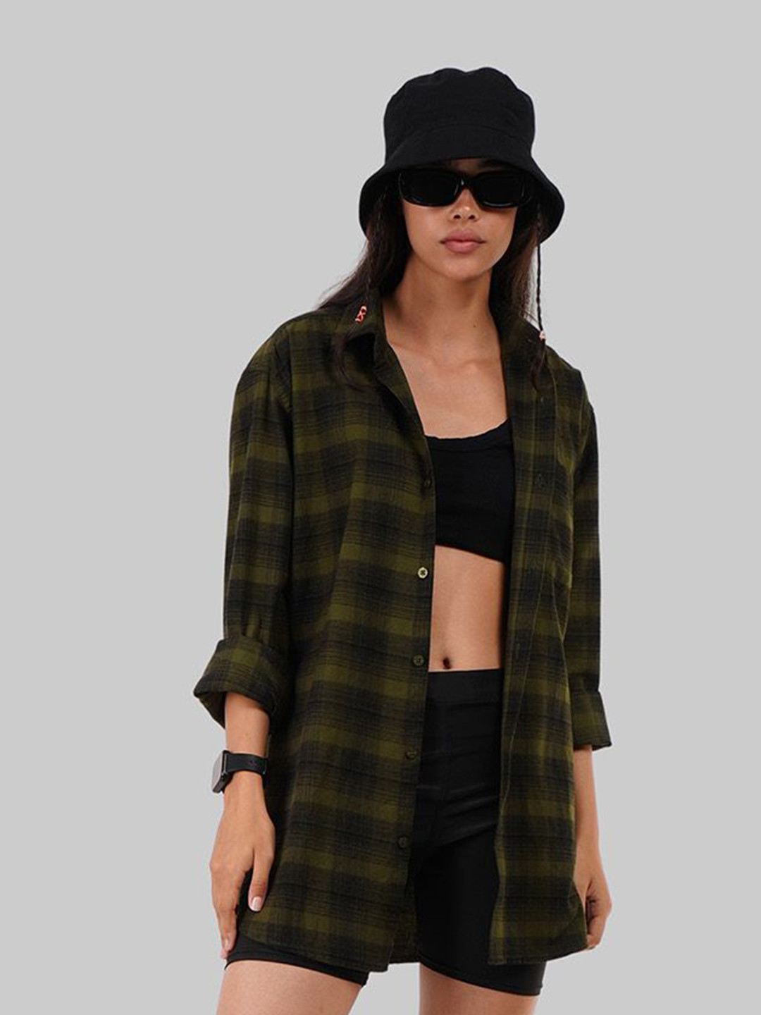 

Underrated Club Women Relaxed Fit Spread Collar Tartan Checked Cotton Casual Shirt, Olive