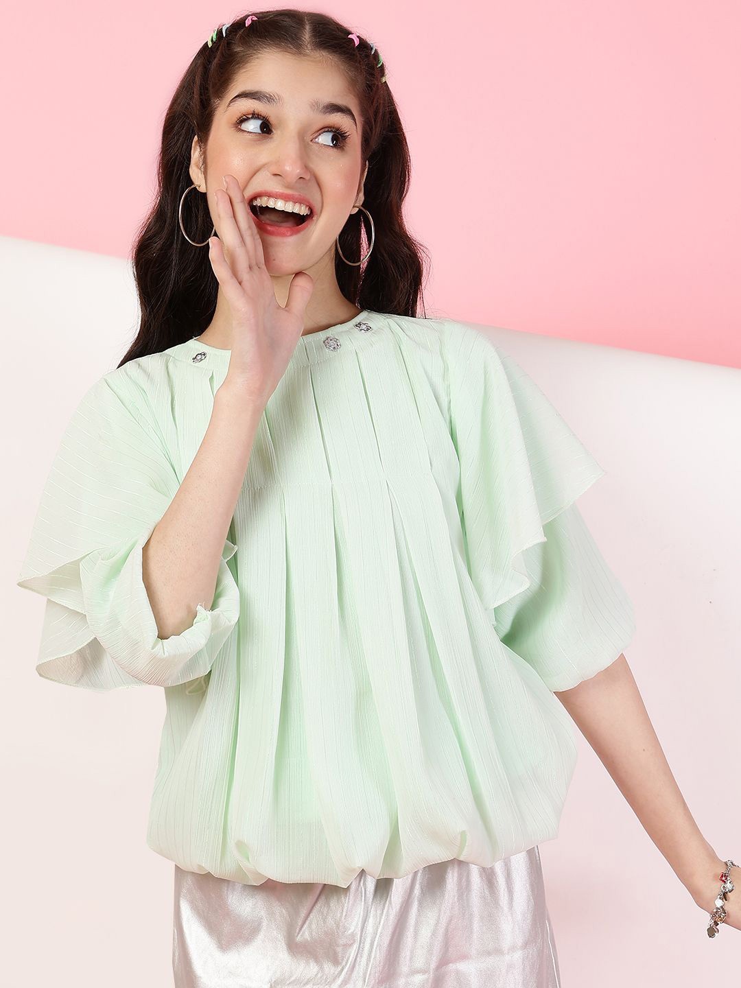

Ishti Girls Gathered and Pleated Top, Green