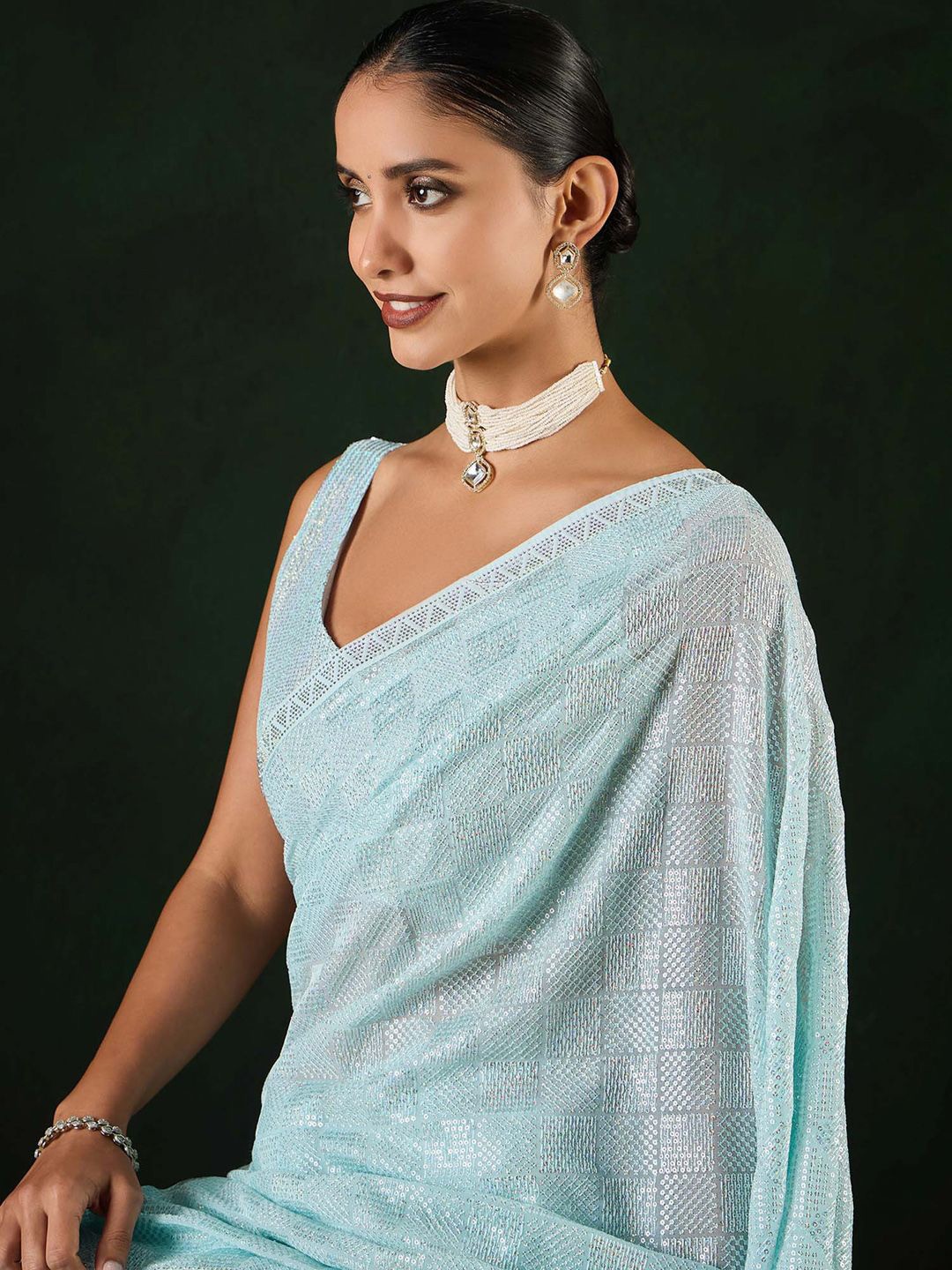 

Sangria Embellished Party Wear Saree With Unstitched Blouse, Blue