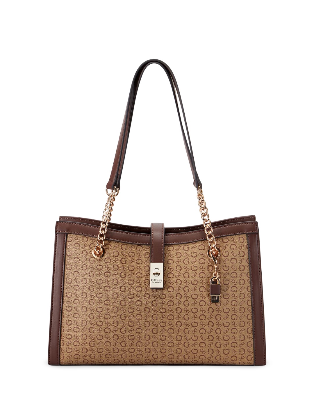 

GUESS Printed Structured Satchel with Tasselled, Brown