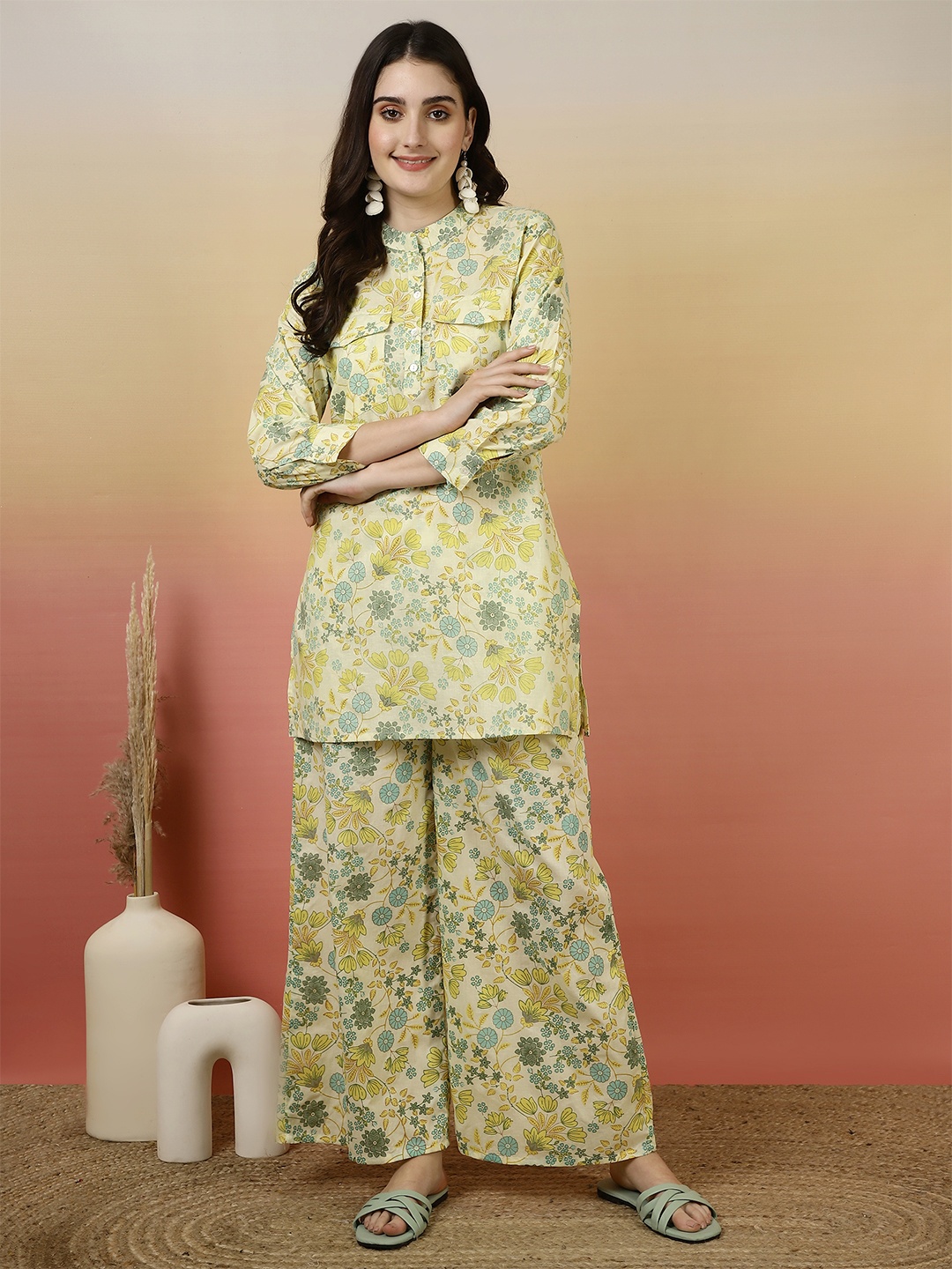

Sangria Lime Green & Yellow Floral Printed Mandarin Collar Pure Cotton Top With Trouser
