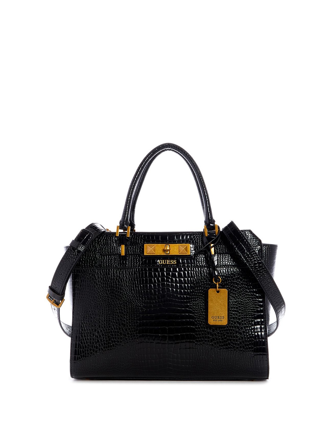 

GUESS Textured PU Structured Satchel with Fringed, Black