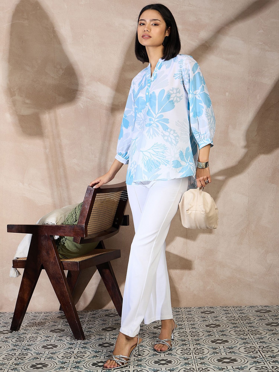 

all about you Floral Printed Mandarin Collar Puff Sleeve Top, White