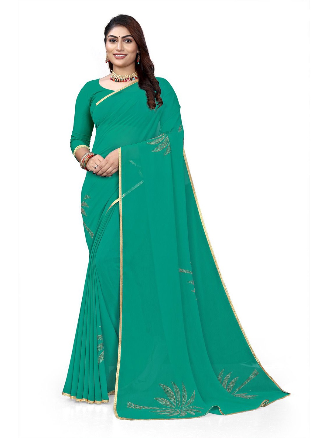 

Pemal Designer Beads and Stones Pure Georgette Saree, Teal